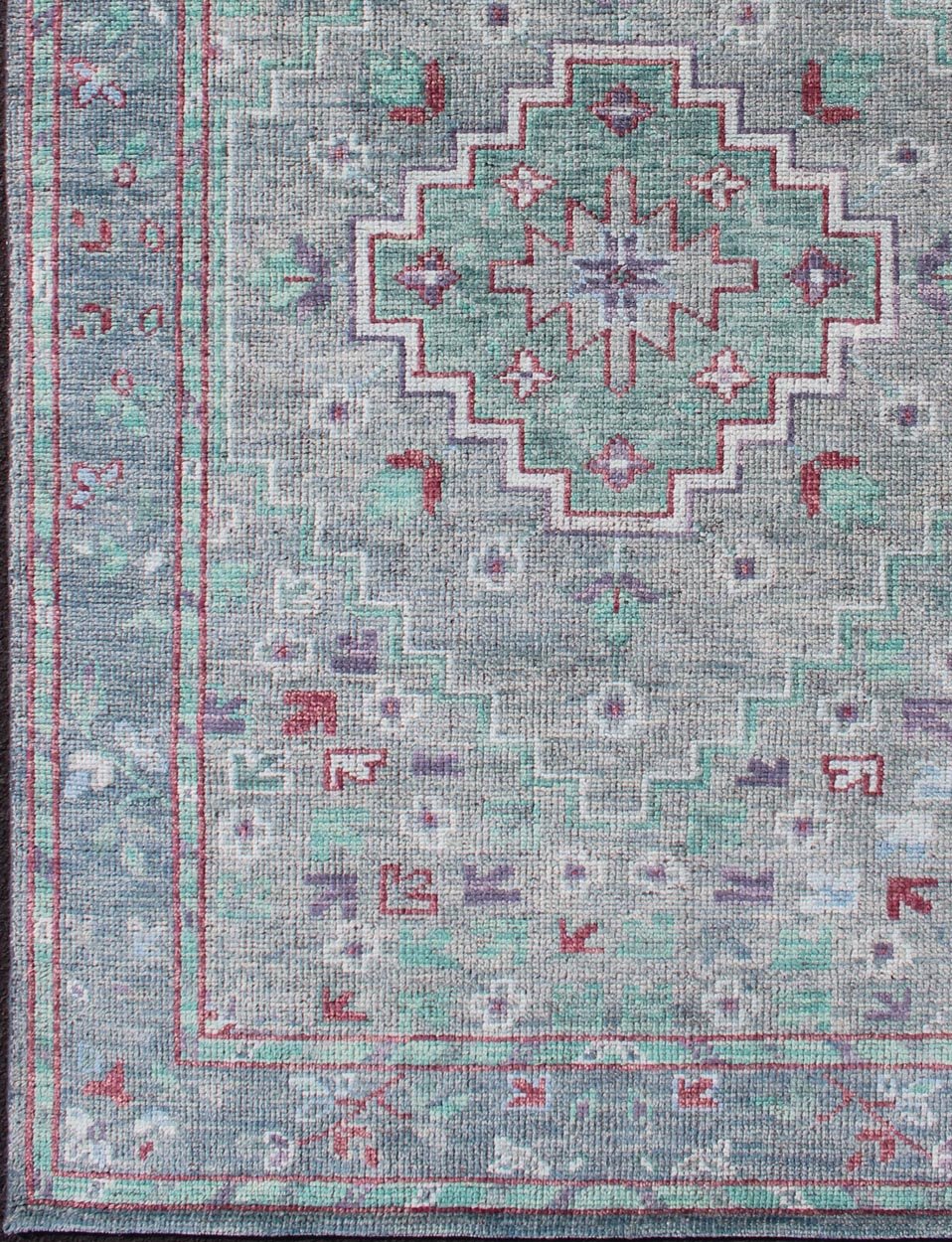 Hand Knotted Oushak Design Rug in Gray, Blue, Light Green and Red With All - Over Design Oushakdesign rug in greens, red, gray, and light green with all - over geometric design, Keivan Woven Arts / rug OB - 9497820, country of origin / type: India/ Ou... - Keivan Woven ArtsOB - 9497820 - 56230193 - 12034Rug