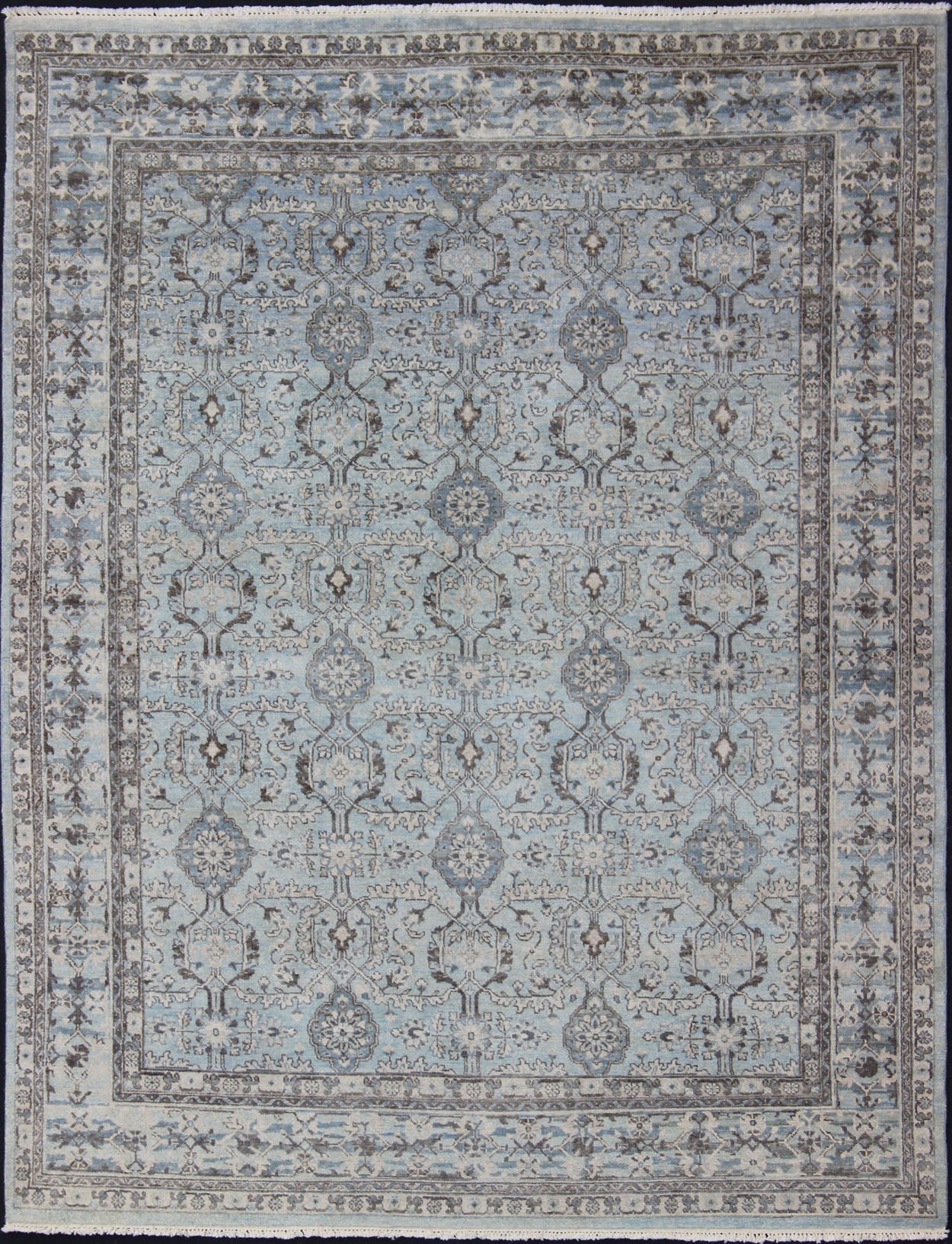 Modern Oushak Rug with Geometric Design in Light Blues and Browns Measures: 8'0 x 10'0 Country of Origin: India; Type: Oushak; Design: All - Over, Sub - Geometric, Floral crest; Keivan Woven Arts: rug OB - 9532519 - 82260116; Modern Oushak R... - Keivan Woven ArtsOB - 9532519 - 82260116 - 10894