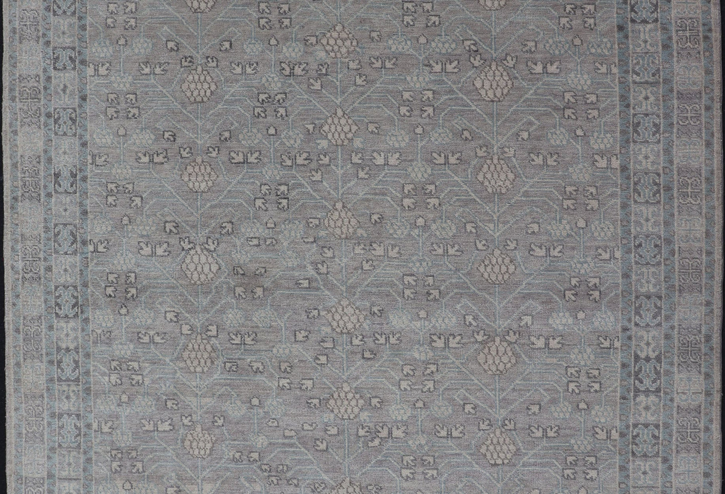 Modern Khotan Design Rug in Wool with All - Over Design By Keivan Woven Arts This modern Indian Khotan rug has been hand - knotted in wool and features an all - over, sub - geometric design rendered in muted tones. A complementary, multi - tiered border ... - Keivan Woven ArtsOB - 9543192 - 98000090 - 15496