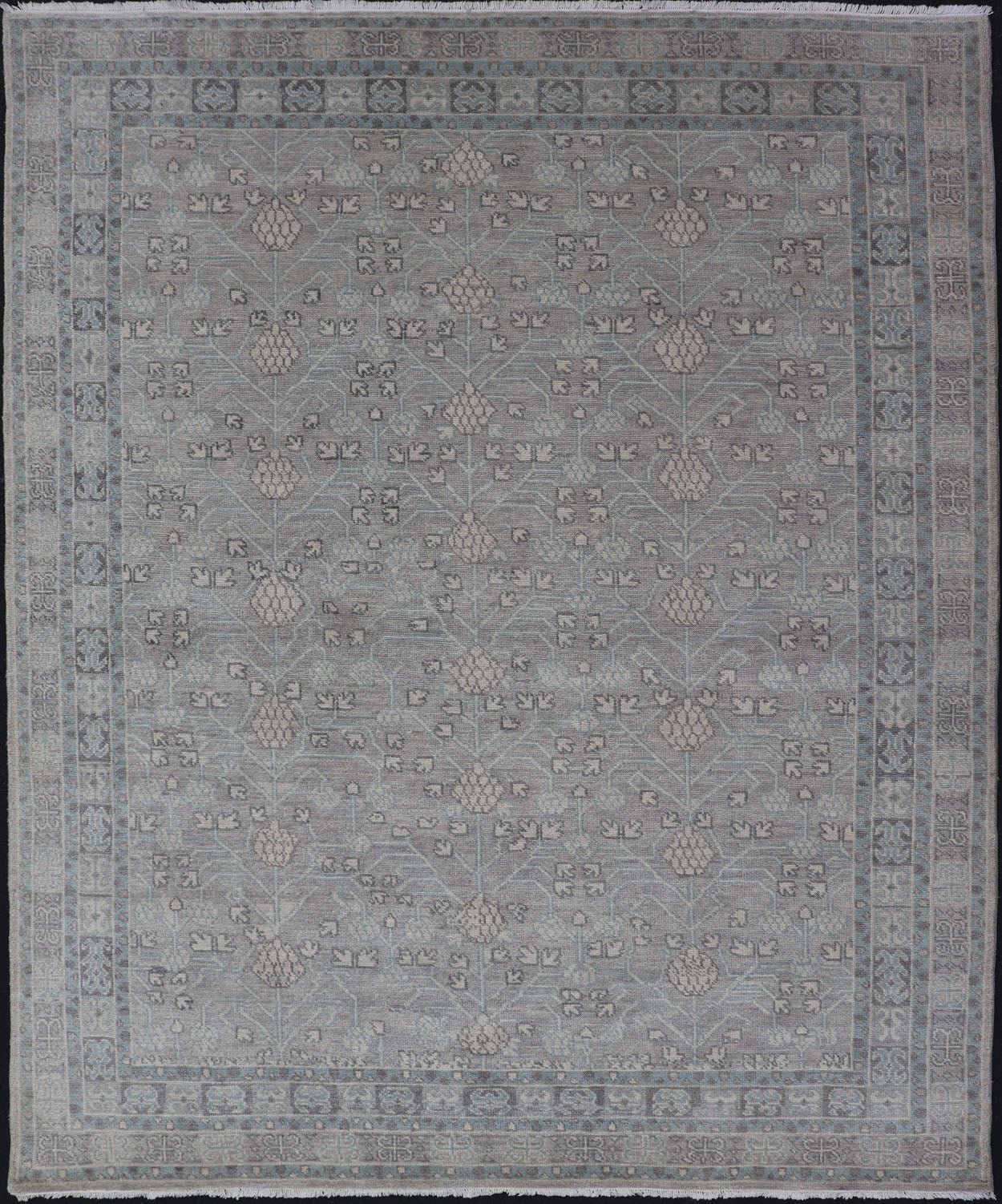 Modern Khotan Design Rug in Wool with All - Over Design By Keivan Woven Arts This modern Indian Khotan rug has been hand - knotted in wool and features an all - over, sub - geometric design rendered in muted tones. A complementary, multi - tiered border ... - Keivan Woven ArtsOB - 9543192 - 98000090 - 15496