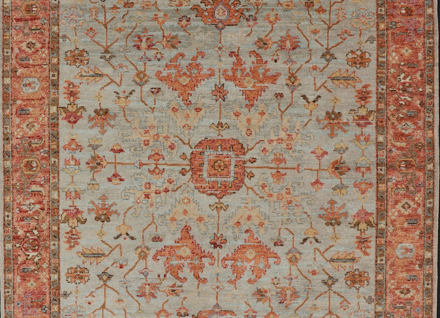 Burnt Orange and Cool Gray Modern Floral Oushak with All - Over Design Measures 8'0 x 9'10 This modern Indian Oushak was hand - knotted during the 2010's. The cool blue - gray field is heavily decorated in floral and leaflet motifs, commonly ... - Keivan Woven ArtsOB - 9570118 - 1030026 - 21078Rug