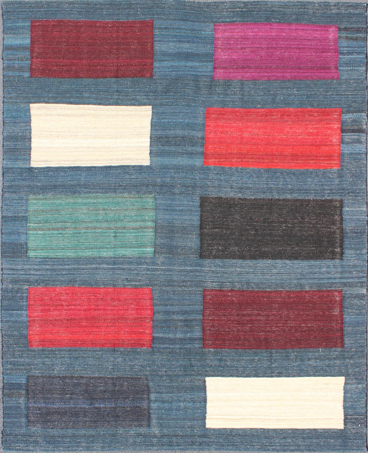 Modern Afghan Flat - Weave Rug in Steal Blue and Multicolored Blocks kwarugs/ORN - 27523 This flat - weave Kilim bears a repeating box design. Set on a gray and steal blue background, accent colors include green, maroon, red, charcoal, dark blue, crea... - Keivan Woven ArtsORN - 27523 - 5227Rug