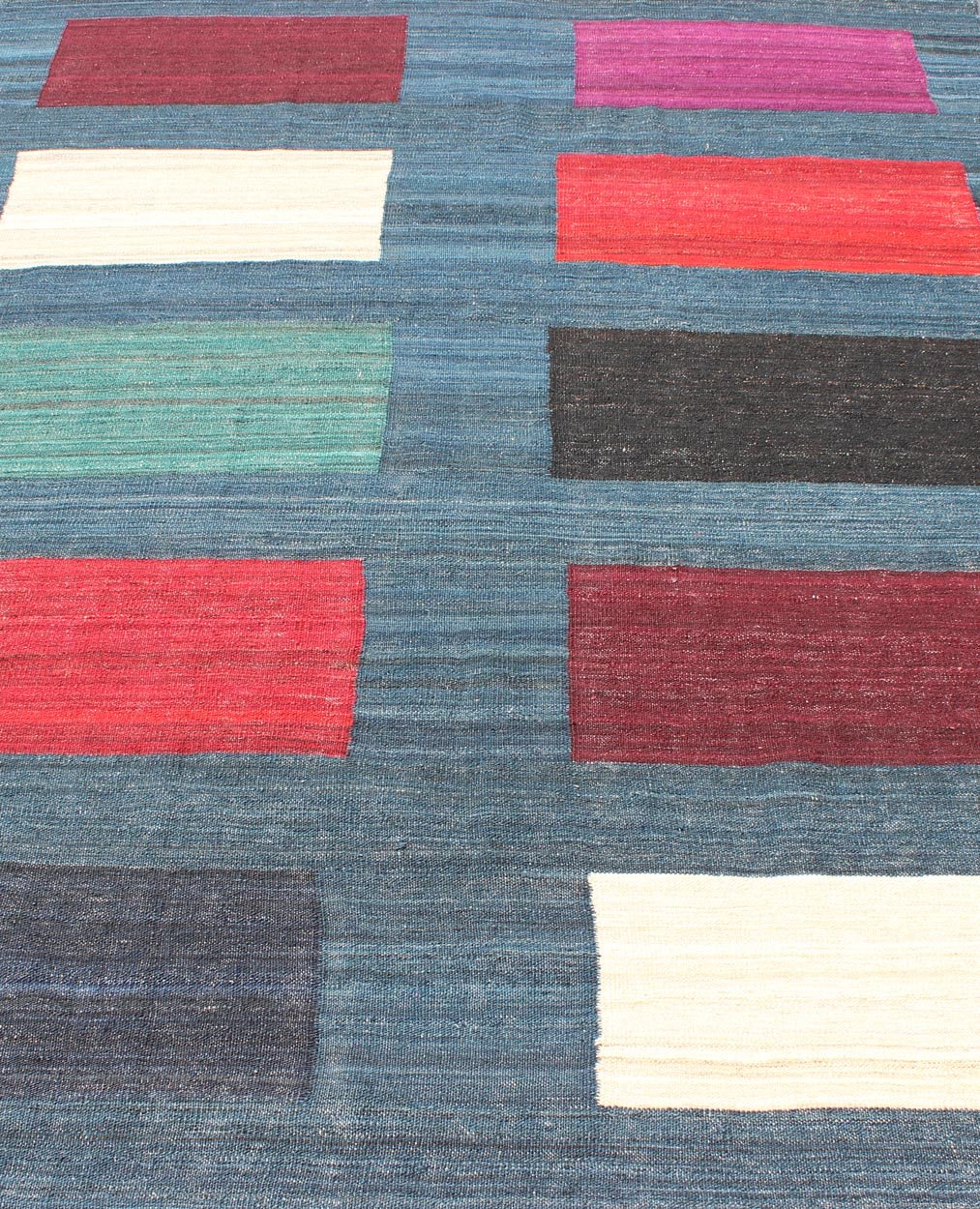 Modern Afghan Flat - Weave Rug in Steal Blue and Multicolored Blocks kwarugs/ORN - 27523 This flat - weave Kilim bears a repeating box design. Set on a gray and steal blue background, accent colors include green, maroon, red, charcoal, dark blue, crea... - Keivan Woven ArtsORN - 27523 - 5227Rug