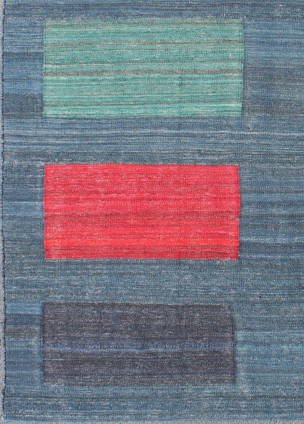 Modern Afghan Flat - Weave Rug in Steal Blue and Multicolored Blocks kwarugs/ORN - 27523 This flat - weave Kilim bears a repeating box design. Set on a gray and steal blue background, accent colors include green, maroon, red, charcoal, dark blue, crea... - Keivan Woven ArtsORN - 27523 - 5227Rug