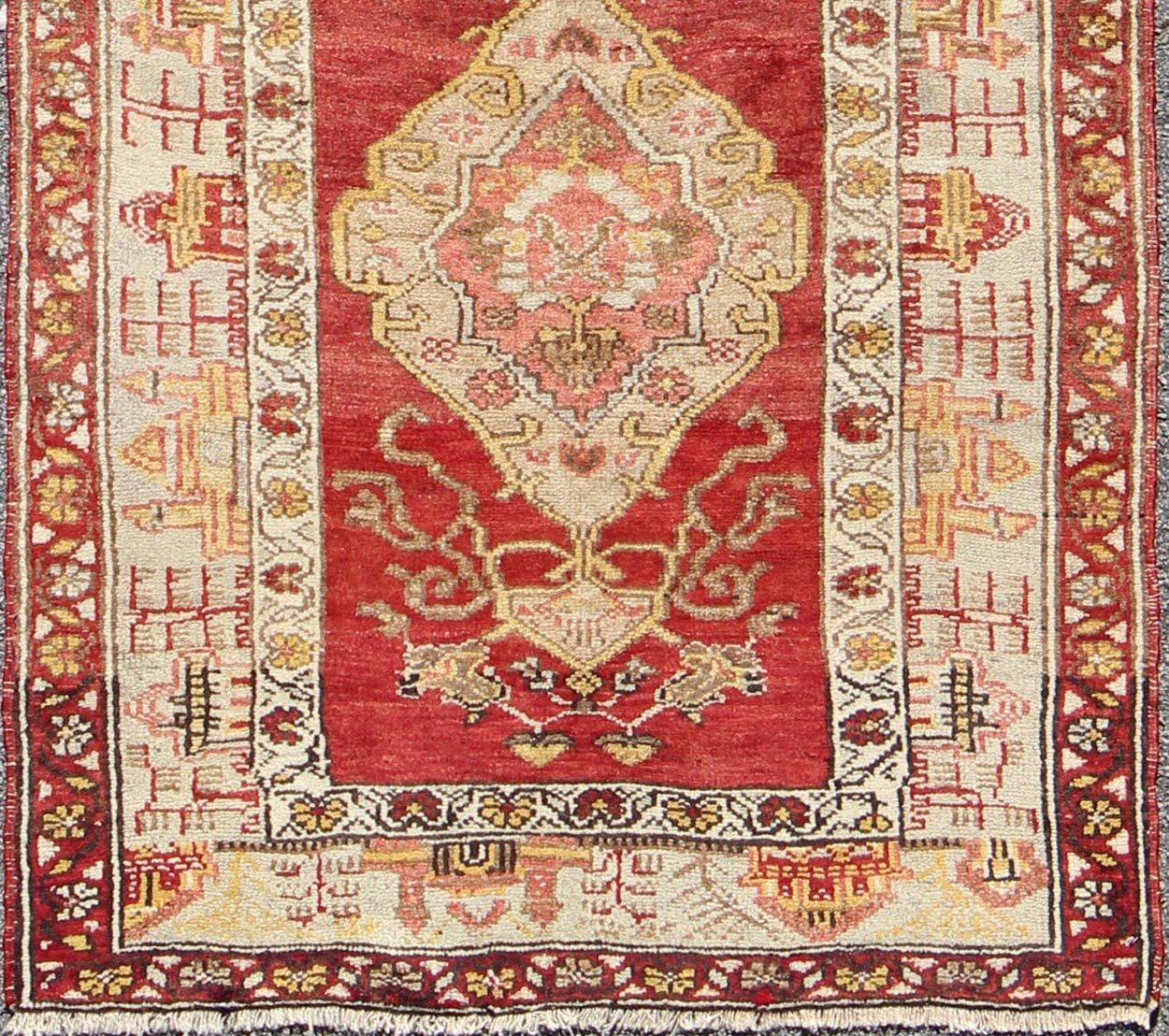Antique Turkish Oushak Runner In Red Background with Neutral Medallions Measures: 3.11 x 9.0 This colorful Oushak carpet rests beautifully upon a field of elegant red. A large medallion of brown, taupe, yellow and gray takes center s... - Keivan Woven ArtsOSM - 02 - 4494Rug