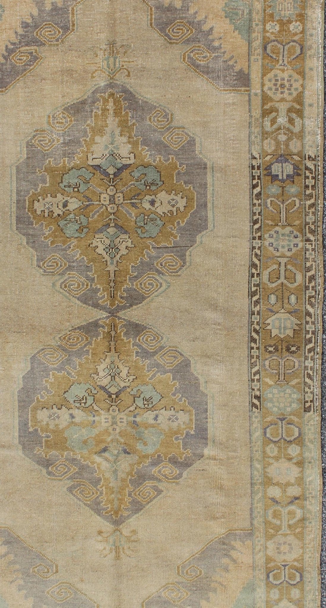 Vintage Gallery Turkish Oushak Rug With Floral Medallions in Earthy Tones and Lavender Keivan Woven Arts / rug OSM - 09, country of origin / type: Turkey / Oushak, circa 1940 Measures: 4'1 x 8'7. This vintage Oushak beautifully illustrates the impr... - Keivan Woven ArtsOSM - 09 - 4504Rug