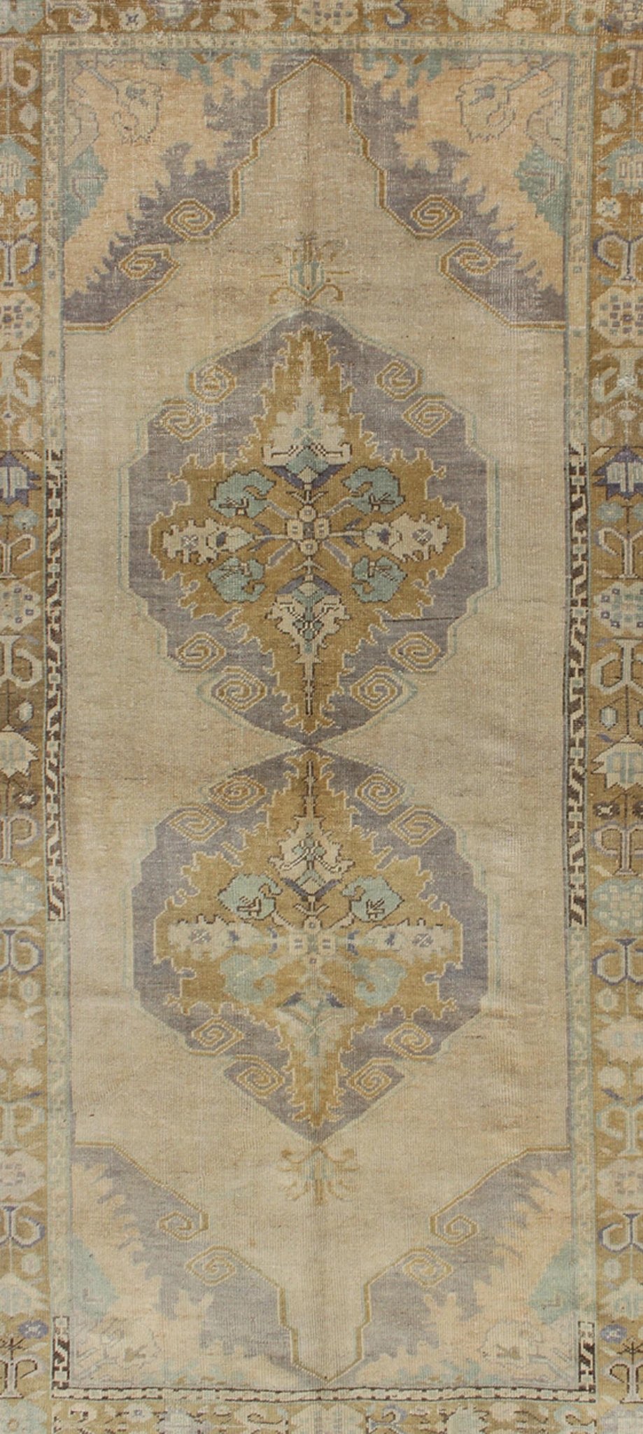 Vintage Gallery Turkish Oushak Rug With Floral Medallions in Earthy Tones and Lavender Keivan Woven Arts / rug OSM - 09, country of origin / type: Turkey / Oushak, circa 1940 Measures: 4'1 x 8'7. This vintage Oushak beautifully illustrates the impr... - Keivan Woven ArtsOSM - 09 - 4504Rug