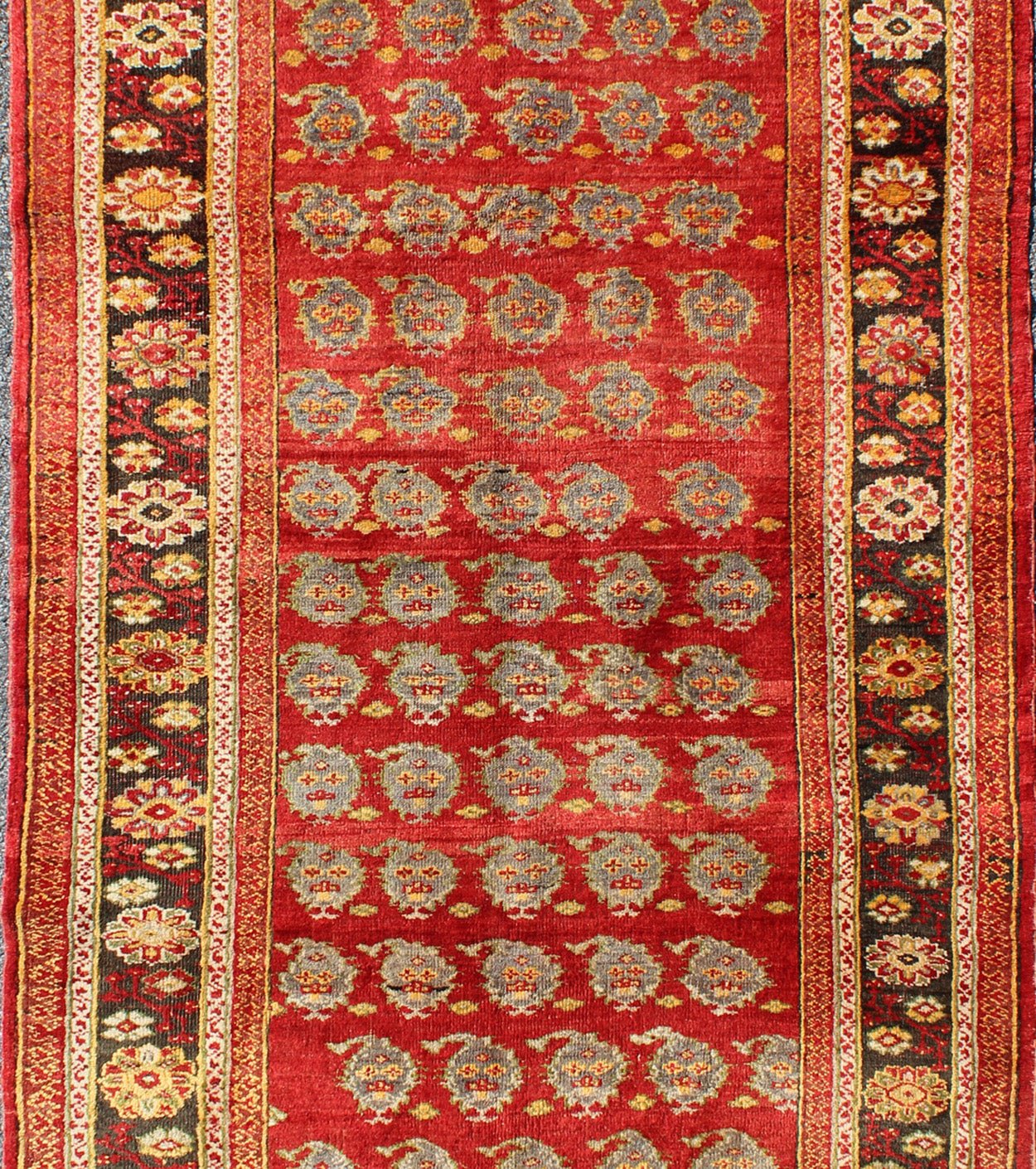 Red Turkish Oushak Carpet with All - Over Paisley Design and Central Red Field This unique Turkish Oushak carpet features an all - over design of intricate paisley shapes set atop a central field of bright red. The entire piece is encompassed by a f... - Keivan Woven ArtsOSM - 23 - 4518Rug