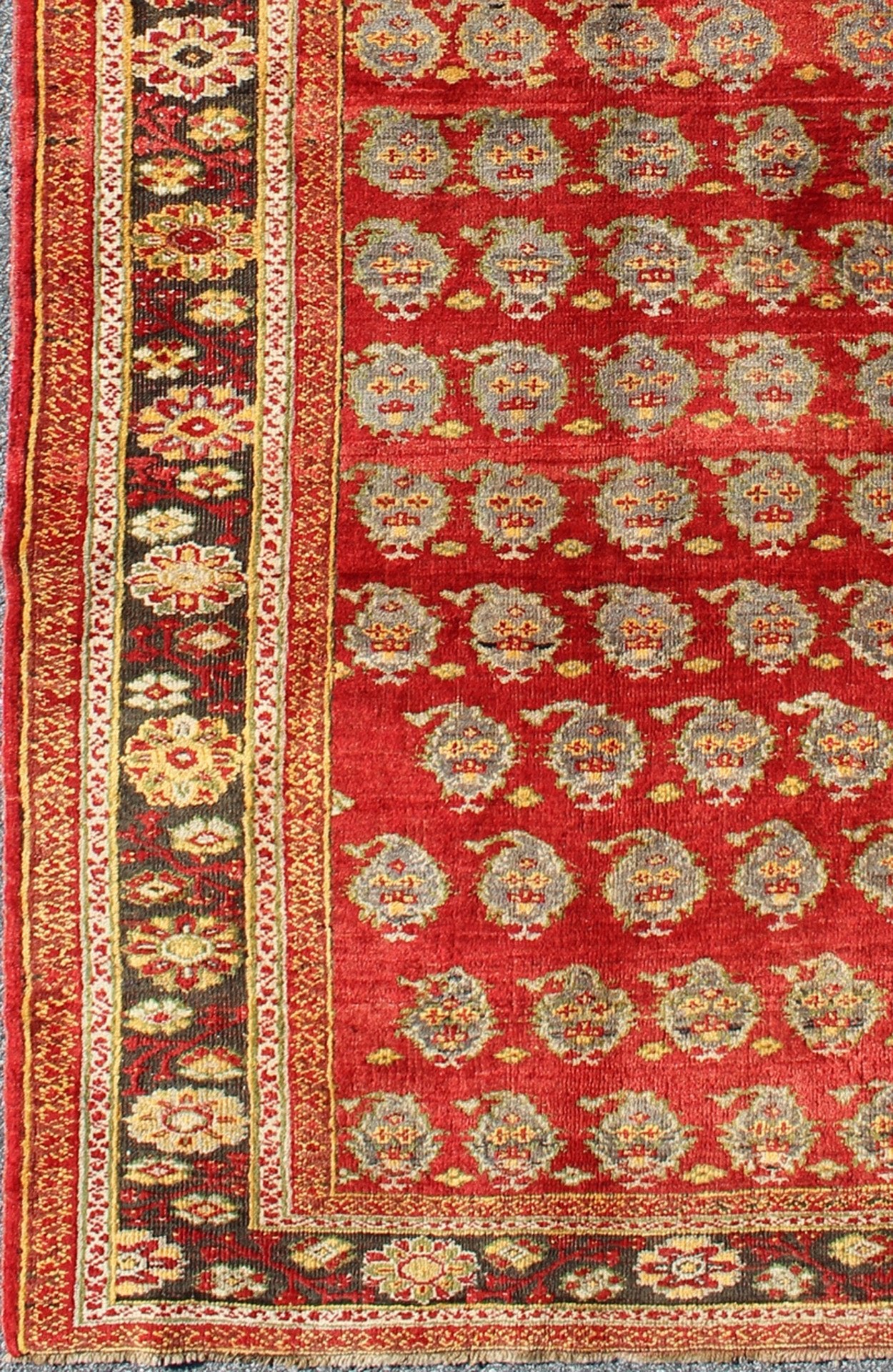 Red Turkish Oushak Carpet with All - Over Paisley Design and Central Red Field This unique Turkish Oushak carpet features an all - over design of intricate paisley shapes set atop a central field of bright red. The entire piece is encompassed by a f... - Keivan Woven ArtsOSM - 23 - 4518Rug