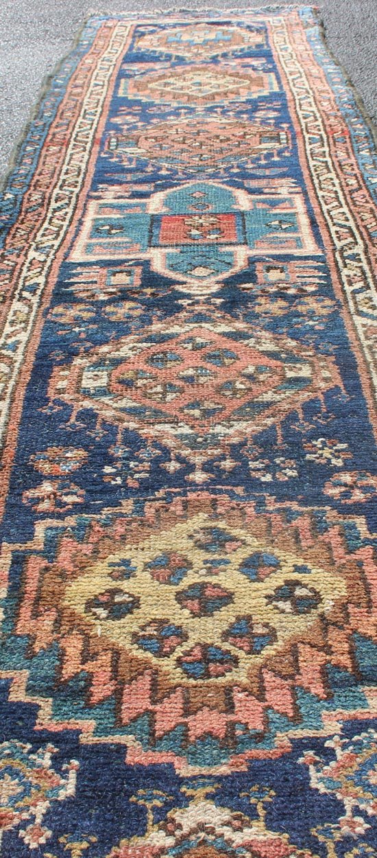 Colorful Persian Antique Karajeh Runner in Blue and Jewel Tones Karadjeh Runner with Multi - Medallion Design from Persia, rug PR - 1094, country of origin / type: Iran / Karadjeh, circa 1910 This magnificent Persian Karajeh from the 1910's b... - Keivan Woven ArtsPR - 1094 - 12605Rug