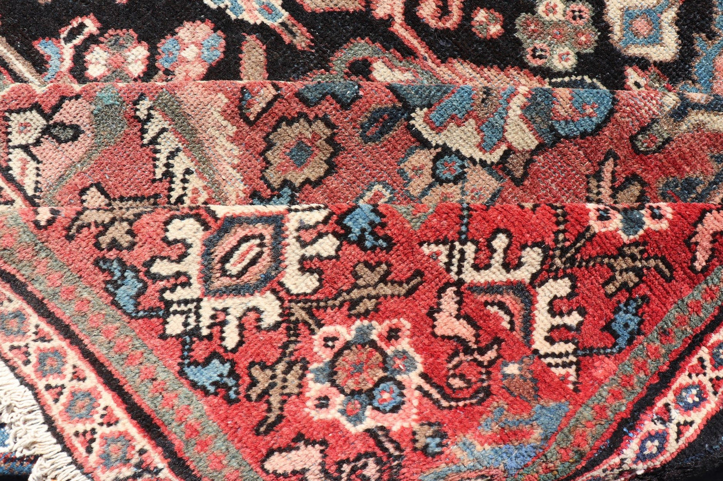 Large Antique Hand Knotted Persian Mahal Rug With Florals and Geometric Medallion Design Large Antique Persian Mahal rug with diamond medallion, sub floral design in the background and the border. Colors are dark gray brown background and soft r... - Keivan Woven ArtsPTA - 200716 - 17304Rug