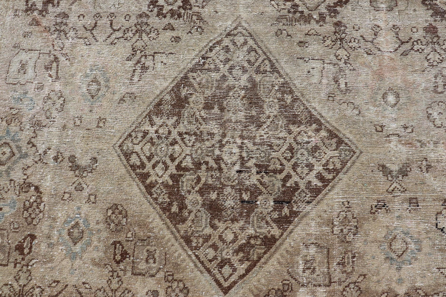 Antique Persian Sultanabad - Mahal Rug with Sub - Geometric Design With Medallion Measures: 9'10 x 13'8 This antique Persian rug features an all - neutral palette of creams, taupe, and cocoas. The field homes a floral medallion and diamond c... - Keivan Woven ArtsPTA - 200725 - 16684