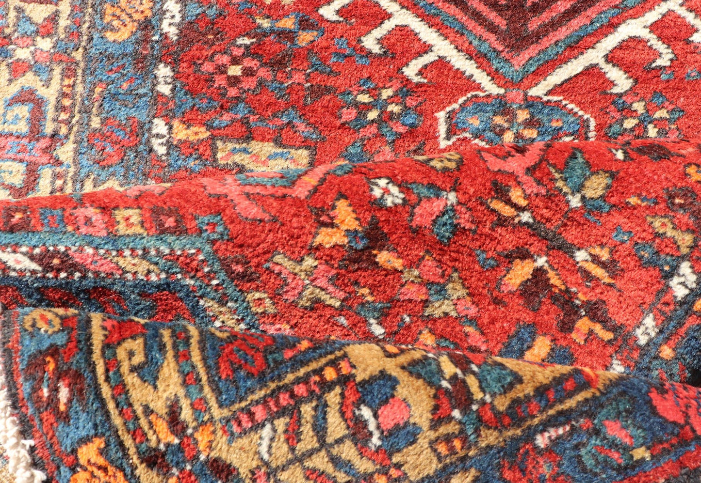 Antique Persian Heriz long Runner with Geometric medallions in Red, Teal, Orange, Blue, Yellow. Very Long antique Persian Heriz runner with geometric medallion design in red, blue and colorful tones, rug PTA - 21002 , country of origin / type: Ir... - Keivan Woven ArtsPTA - 21002 - 18006Rug