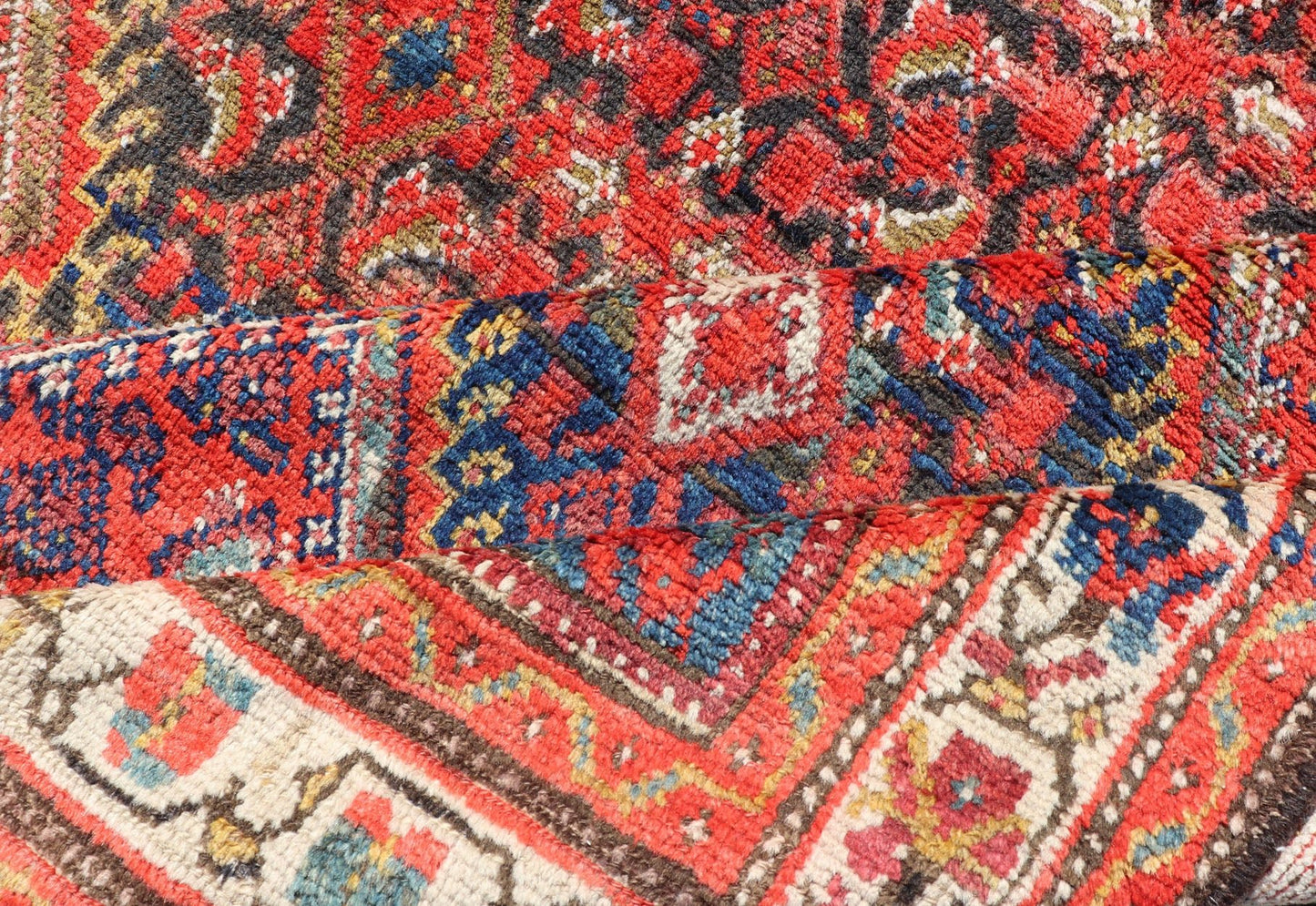 Antique Gallery Malayer with All - Over Herati and Diamond Design in Blue, orange red, yellow, green, ivory, Persian gallery rug, Persian Malayer rug, Persian Malayer Gallery Rug. This magnificent Malayer antique Gallery rug features an all - over... - Keivan Woven ArtsPTA - 21017 - 17364
