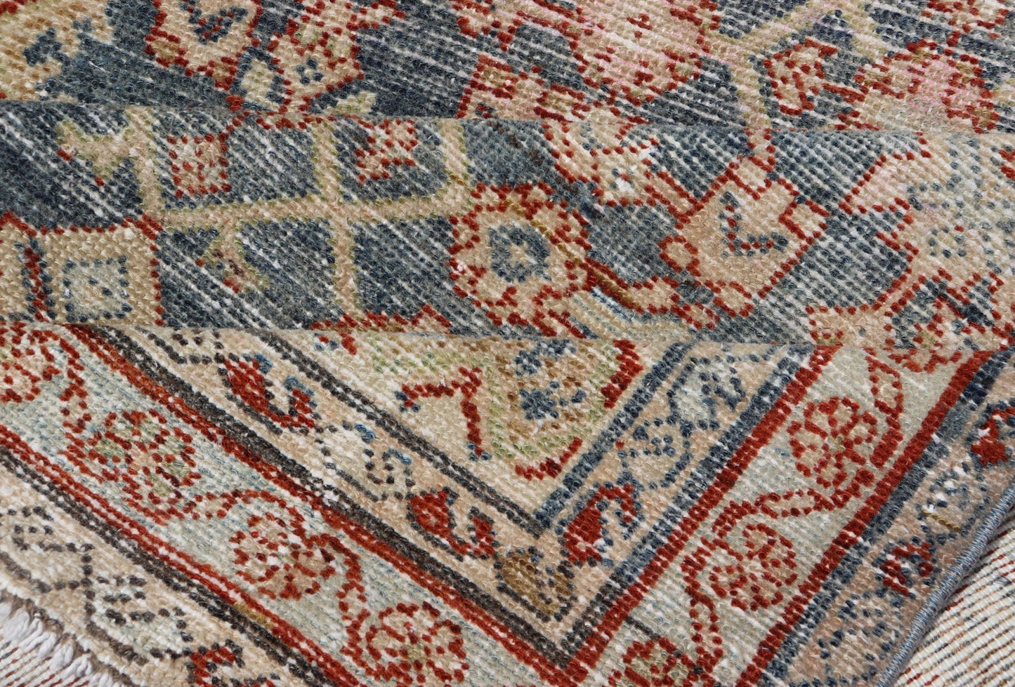 Distressed Antique Persian Malayer Gallery Runner With All - Over Design in Gray, Steel blue and multi colors. Country of Origin: Iran; Type: Malayer; Design: All - Over, Stylized, Floral; Keivan Woven Arts: rug PTA - 21018 Measures 4'2 x 13'2 ... - Keivan Woven ArtsPTA - 21018 - 17370Rug
