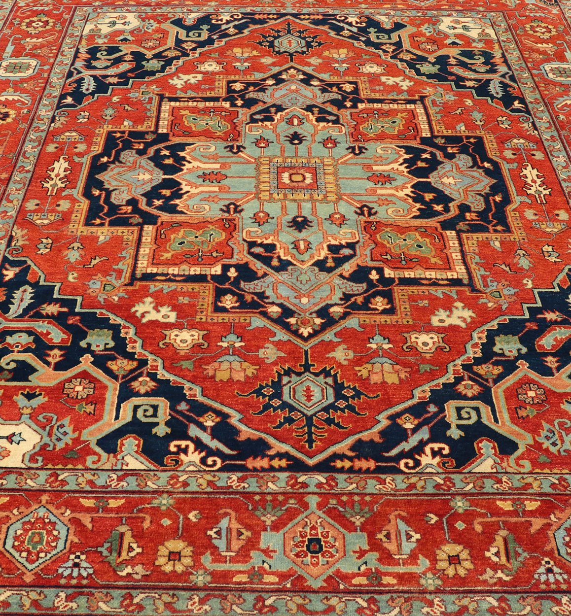Reproduction Serapi - Heriz Medallion Geometric Hand - Knotted Carpet Beautiful modern Heriz Style hand - knotted wool rug with a Traditional Design. This Heriz rug has a multi - color accent in a gorgeous medallion geometric floral design. Rug/PTA - 210... - Keivan Woven ArtsPTA - 2109 - 01 - 17038
