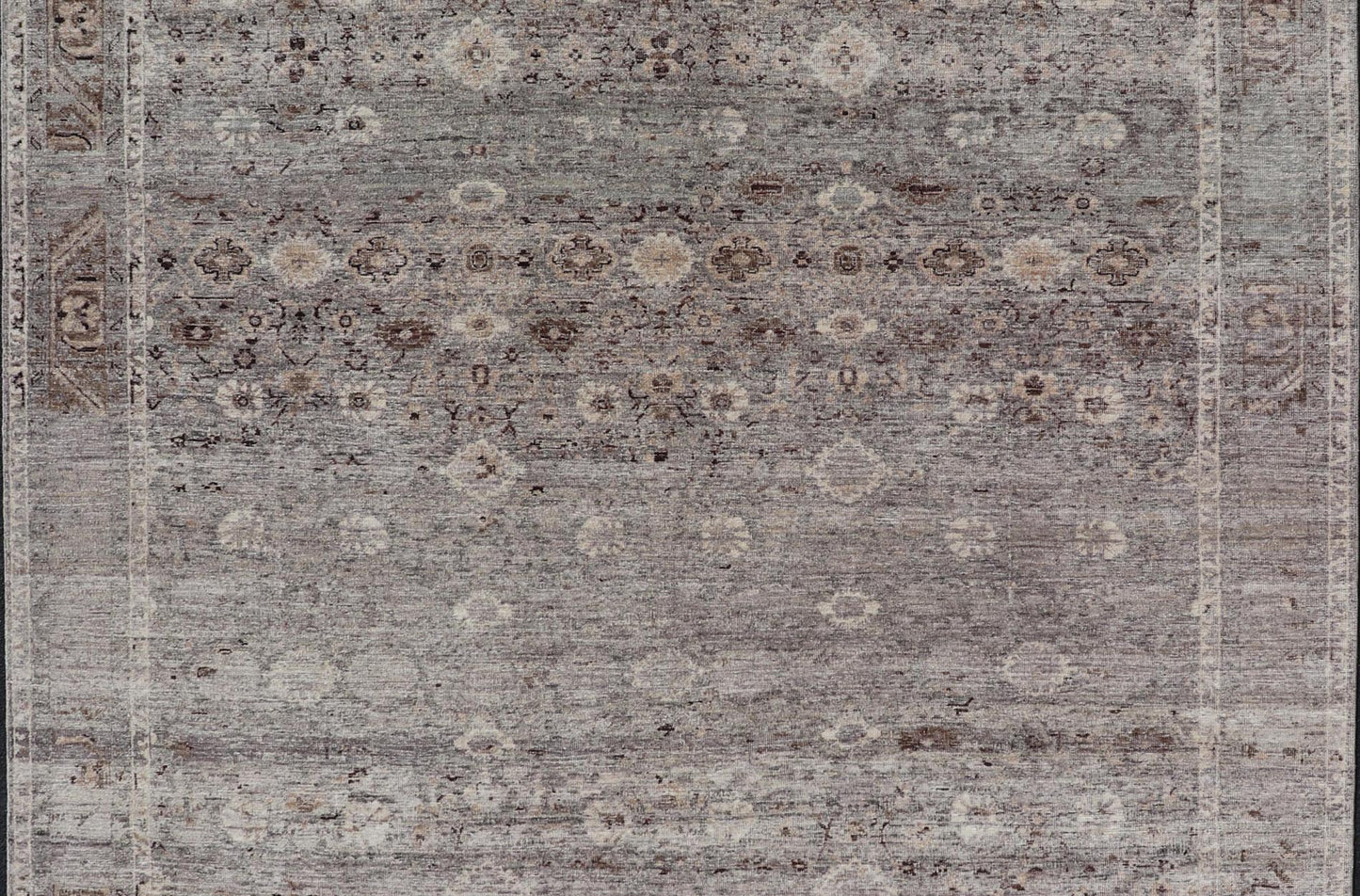 Modern Oushak Rug with Floral Pattern in Gray, Brown Tones and Neutral Colors. Keivan Woven Arts, rug PUR - 14218, country of origin / type: India / Oushak. Measures: 8'0 x 10'0 The all - over fine eave flourishing garden pattern of this unique mod... - Keivan Woven ArtsPUR - 14218 - EA - 3063 - 21603Rug