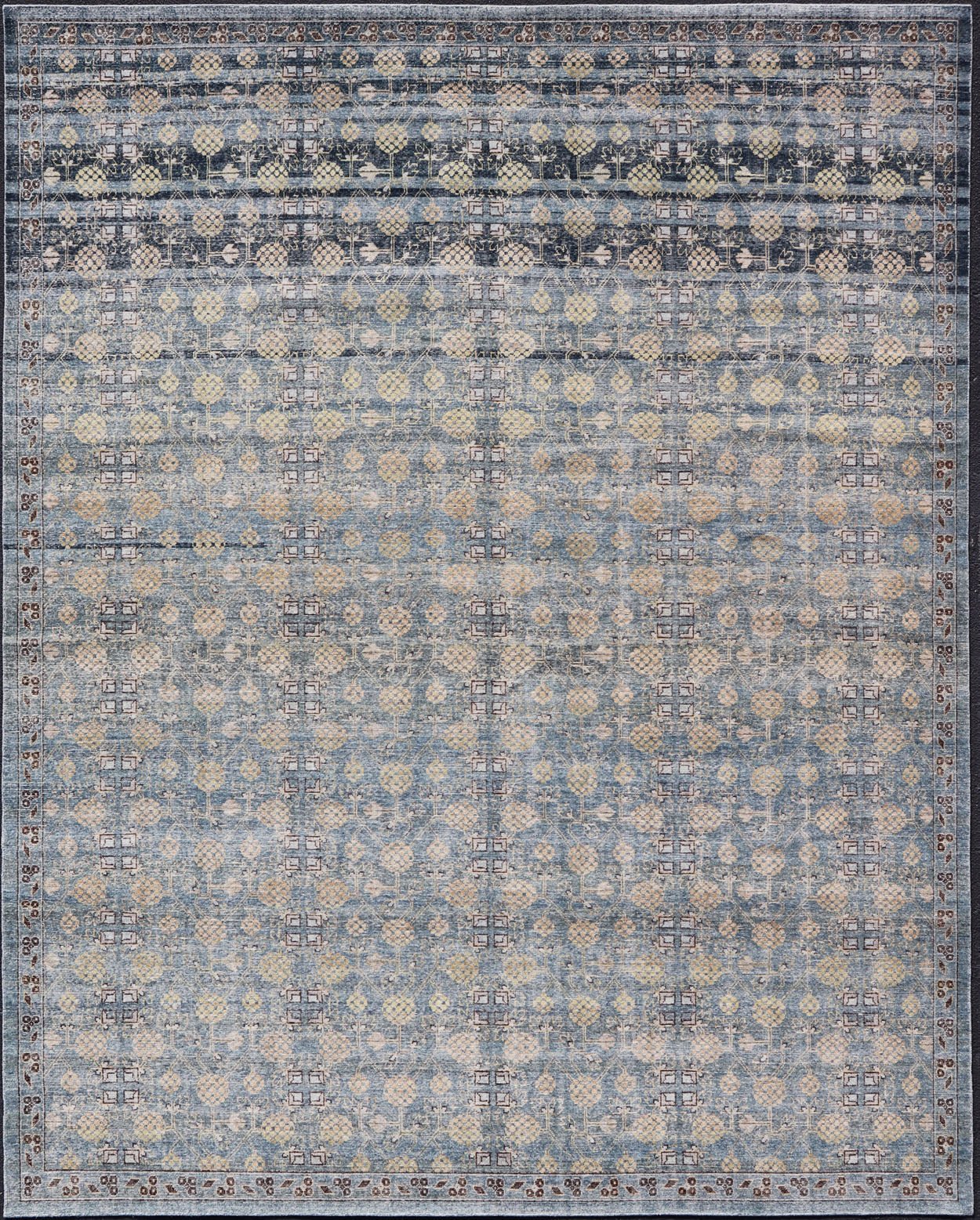 Modern All - Over Tribal Motif Khotan Area Rug in Dark Blues, Brown and Cream. Country of Origin: Afghanistan; Type: Khotan; Design: Floral, All - Over; Keivan Woven Arts: rug/PUR - 42561. Measures: 12'1 x 15'1 This modern Khotan features a modern da... - Keivan Woven ArtsPUR - 42561 - GS - 1016 - 22620Rug
