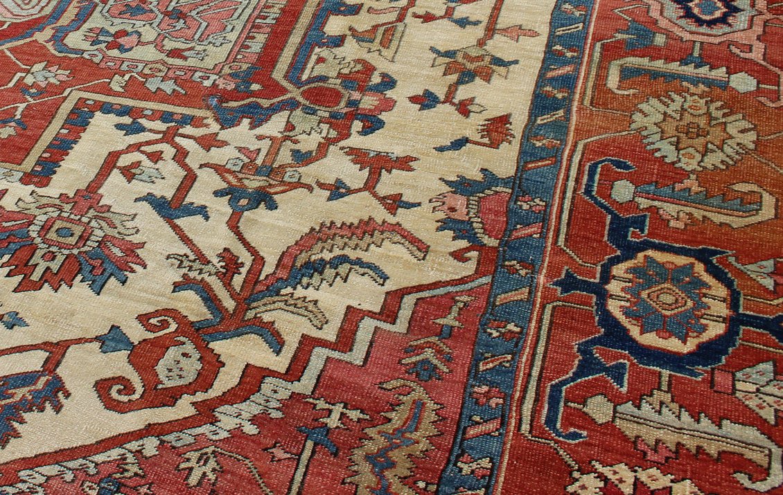 Antique Persian Serapi Rug with Ivory Background & Detailed Layered Medallion. Fabulous antique Persian Serapi rug with colorful and detailed layered medallion, Keivan Woven Arts / rug R20 - 0104, country of origin / type: Iran / Serapi, circa 1890 ... - Keivan Woven ArtsR20 - 0104 - 12863Rug