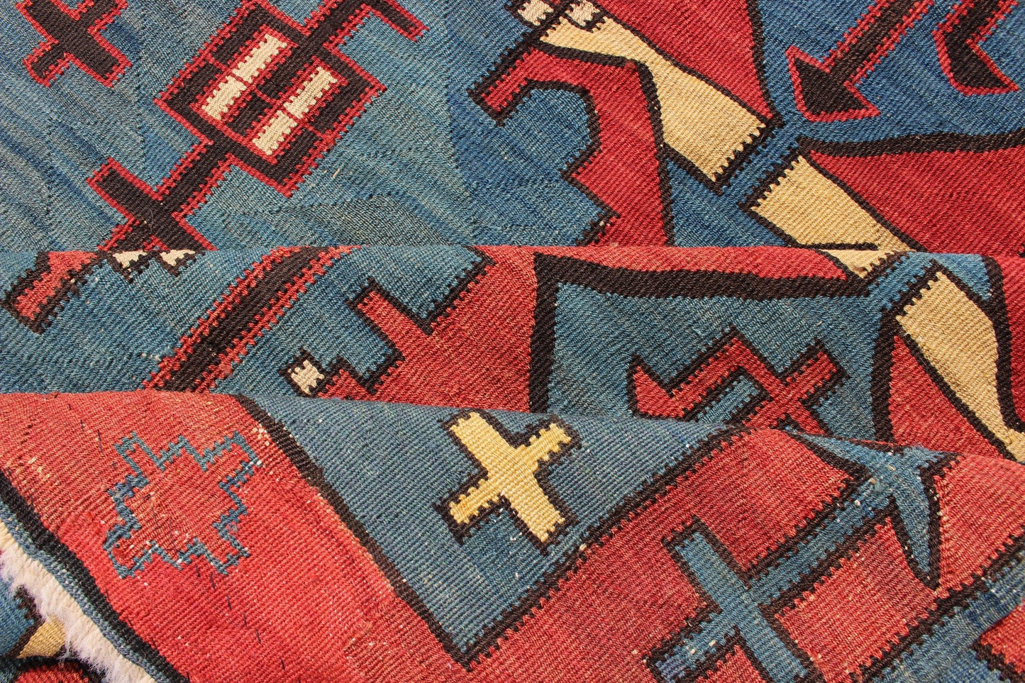 A Rare Antique Caucasian Avar Tribal Flat - Weave Gallery Size in Blue and Red. Amazing and Rare Antique Caucasian Avar Tribal Flat - Weave Gallery Size in Blue and Red, Tribal Caucasian Kilim rug with all - over diamond and geometric design, rug R20 - 030... - Keivan Woven ArtsR20 - 0301 - 12821Rug
