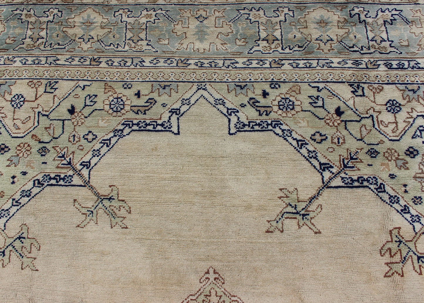 Antique Turkish Oushak with Geometric Motifs in Champagne Field and Accent Blue, Oushak antique rug from Turkey. Keivan Woven Arts / rug R20 - 0303, country of origin / type: Turkey / Oushak, circa 1920 This beautiful rug from early 20th century T... - Keivan Woven ArtsR20 - 0303 - 12831Rug