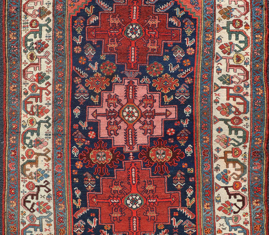 Antique Persian Kurdish Rug With Medallion Design in Blue, Red, and Ivory Rich vegetable colors in Blue and red Tribal Medallion design fine weave Kurdish antique rug from Persia, Keivan Woven Arts / rug R20 - 0503, country of origin / type: Iran ... - Keivan Woven ArtsR20 - 0503 - 12928Rug