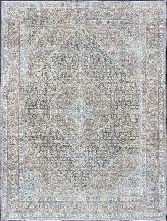 Medium Blue and Gray Background Persian Tabriz Rug with All - Over Herati Design Tan background Persian Tabriz rug with free flowing floral design, rug R20 - 0603, country of origin / type: Iran / Tabriz, circa 1930. This magnificent 20th ce... - Keivan Woven ArtsR20 - 0603 - 12942Rug