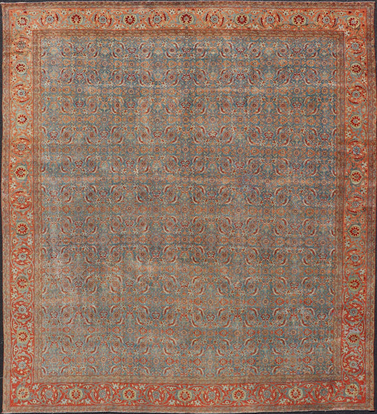 Measures: 11'7 x 13'7 All - Over Large Geometric Antique Persian Tabriz Rug in Blue's and Red's. Keivan Woven Arts / rug R20 - 0606, country of origin / type: Iran / Tabriz, circa 1910. This antique Persian Tabriz carpet (circa early 20th centur... - Keivan Woven ArtsR20 - 0606 - 12954Rug