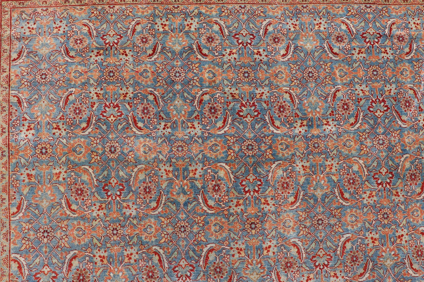 Measures: 11'7 x 13'7 All - Over Large Geometric Antique Persian Tabriz Rug in Blue's and Red's. Keivan Woven Arts / rug R20 - 0606, country of origin / type: Iran / Tabriz, circa 1910. This antique Persian Tabriz carpet (circa early 20th centur... - Keivan Woven ArtsR20 - 0606 - 12954Rug