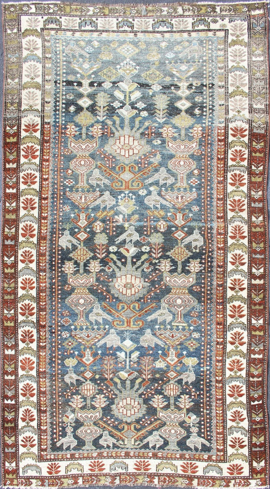 Antique Persian Bakhitari Rug with All - Over Patten in Steel Blue Background All - over Persian Earth antique Bakhtiari rug Geometric motifs and design Bakhtiari rug in steel blue and grayish - blue color tones, rug R20 - 0701, origin / type: Iran /... - Keivan Woven ArtsR20 - 0701 - 12938Rug