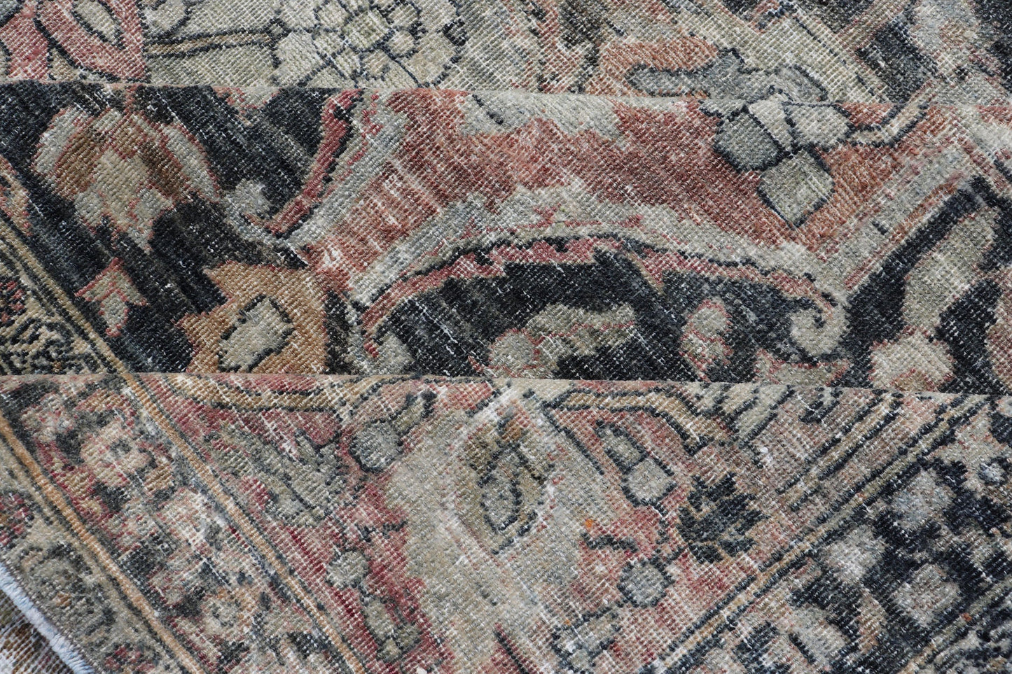 Antique Destressed Persian Yazd Rug with Floral - Geometric Design in Charcoal, Copper, Pink, and Gray - Taupe Distressed Persian antique Yazd carpet with geometric and floral design, rug R20 - 0703, country of origin / type: Iran / Tabriz, circa 1910... - Keivan Woven ArtsR20 - 0703 - 12950Rug