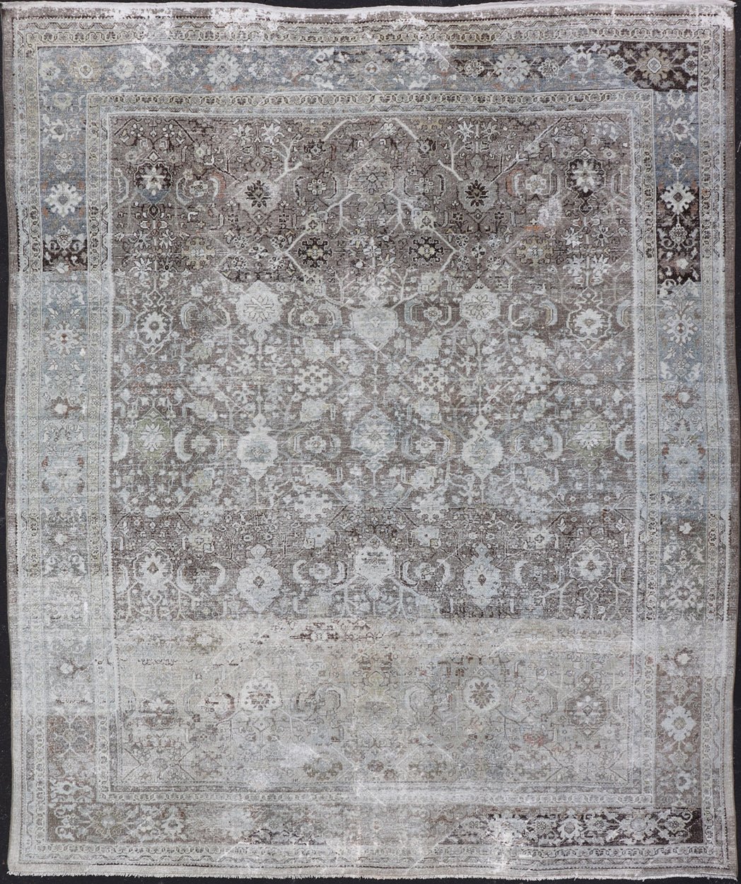 Ivory and Brown Antique Persian Mahal Rug with Floral Medallion Design Cream, brown, and green antique Persian Mahal rug with floral medallion design, rug R20 - 0707, country of origin / type: Iran / Mahal, circa 1920 This antique Persian ... - Keivan Woven ArtsR20 - 0707 - 12982Rug