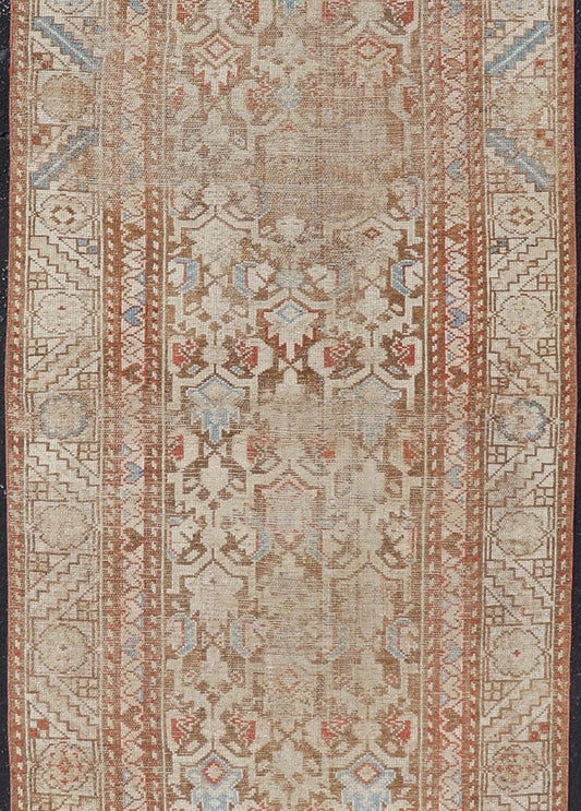 Antique Kurdish Runner in Soft Tones in Wool with All - Over Tribal Design Keivan Woven Arts / rug/R20 - 0708, country of origin / type: Iran / Kurdish, circa 1900. Measures: 3'0 x 8'1 This antique Persian Kurdish runner has been hand - knotted in ... - Keivan Woven ArtsR20 - 0708 - 12988Rug