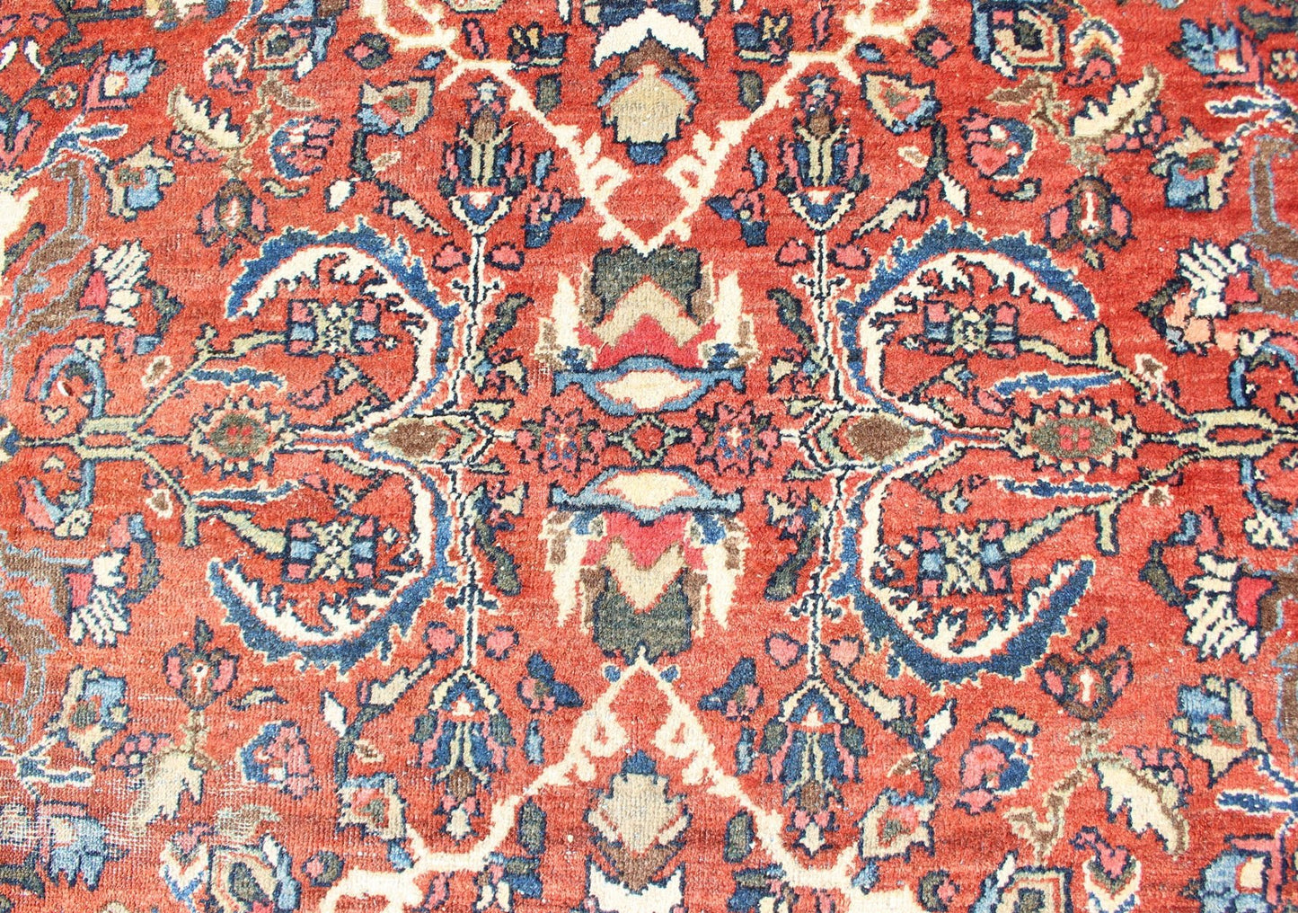 Large Geometric Antique Persian Mahal - Sultanabad Rug in soft Rust Red with Ivory Border. Red background antique Persian Mahal - Sultanabad rug with all - over large flowers. Keivan Woven Arts / rug R20 - 0711 - 50, country of origin / type: Iran / Sultanabad, ... - Keivan Woven ArtsR20 - 0711 - 50 - 13004Rug