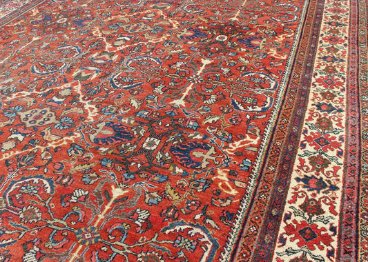 Large Geometric Antique Persian Mahal - Sultanabad Rug in soft Rust Red with Ivory Border. Red background antique Persian Mahal - Sultanabad rug with all - over large flowers. Keivan Woven Arts / rug R20 - 0711 - 50, country of origin / type: Iran / Sultanabad, ... - Keivan Woven ArtsR20 - 0711 - 50 - 13004Rug