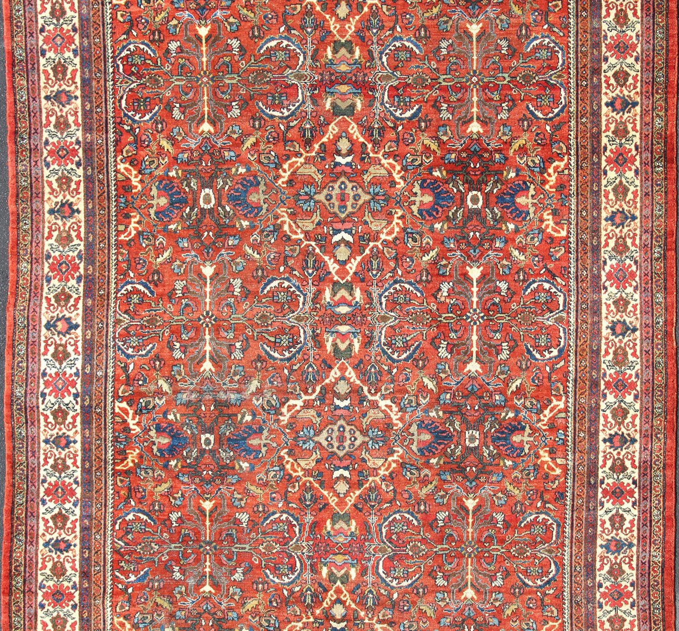 Large Geometric Antique Persian Mahal - Sultanabad Rug in soft Rust Red with Ivory Border. Red background antique Persian Mahal - Sultanabad rug with all - over large flowers. Keivan Woven Arts / rug R20 - 0711 - 50, country of origin / type: Iran / Sultanabad, ... - Keivan Woven ArtsR20 - 0711 - 50 - 13004Rug