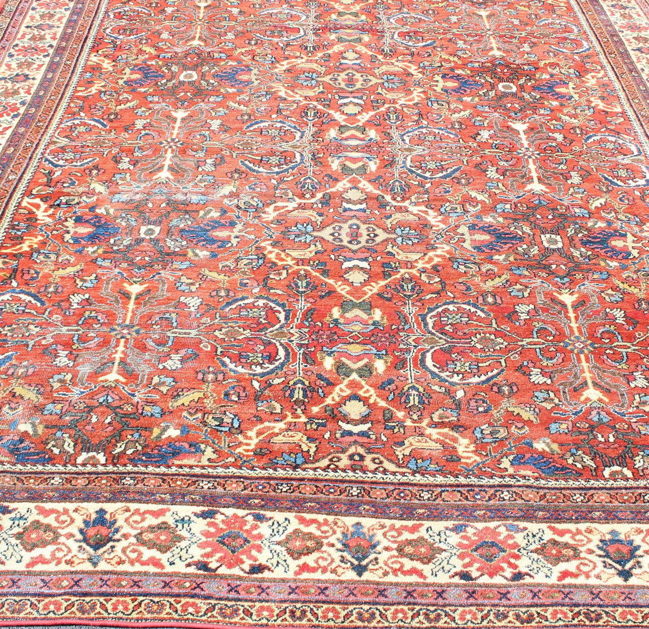 Large Geometric Antique Persian Mahal - Sultanabad Rug in soft Rust Red with Ivory Border. Red background antique Persian Mahal - Sultanabad rug with all - over large flowers. Keivan Woven Arts / rug R20 - 0711 - 50, country of origin / type: Iran / Sultanabad, ... - Keivan Woven ArtsR20 - 0711 - 50 - 13004Rug