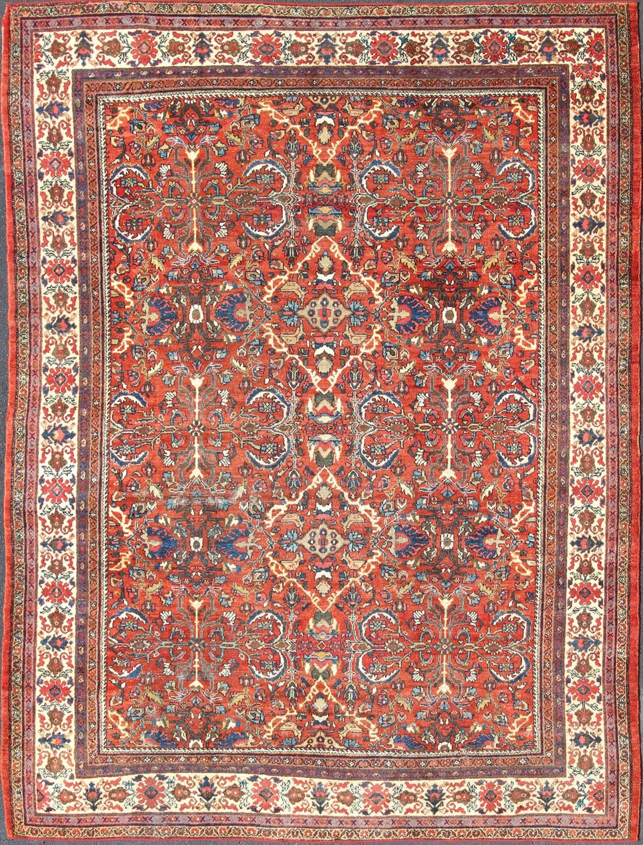 Large Geometric Antique Persian Mahal - Sultanabad Rug in soft Rust Red with Ivory Border. Red background antique Persian Mahal - Sultanabad rug with all - over large flowers. Keivan Woven Arts / rug R20 - 0711 - 50, country of origin / type: Iran / Sultanabad, ... - Keivan Woven ArtsR20 - 0711 - 50 - 13004Rug