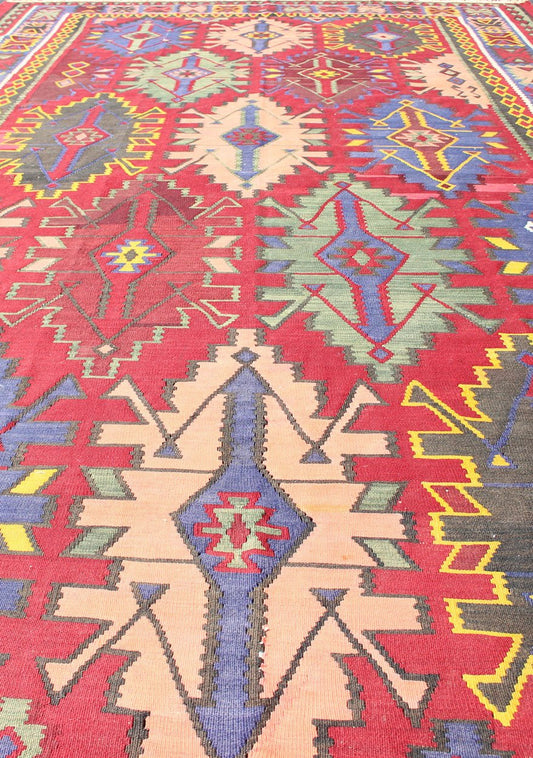 Rare Antique Caucasian Avar Tribal Flat - Weave Gallery Size Rug in Multi Colors Amazing antique Caucasian Avar tribal flat - weave Gallery size in red, blue, light and dark green, yellow and multi colors. Tribal Caucasian Kilim rug with all - over d... - Keivan Woven ArtsR20 - 0714 - 108 - 13014Rug