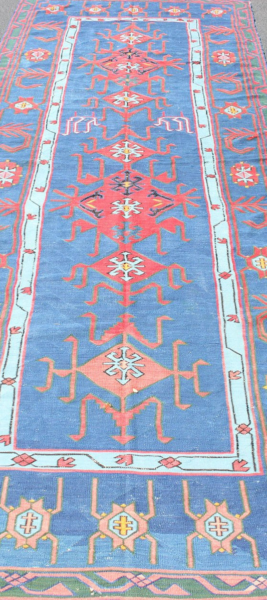 Rare antique Caucasian Avar flat - weave Gallery rug in Vibrant blue tones. Measures:4'8 x 13'9 Featuring an all - over geometric medallion design with complementary geometric motifs throughout, this unique, 1900s Kilim rug showcases an arra... - Keivan Woven ArtsR20 - 0715 - 106 - 13018Rug