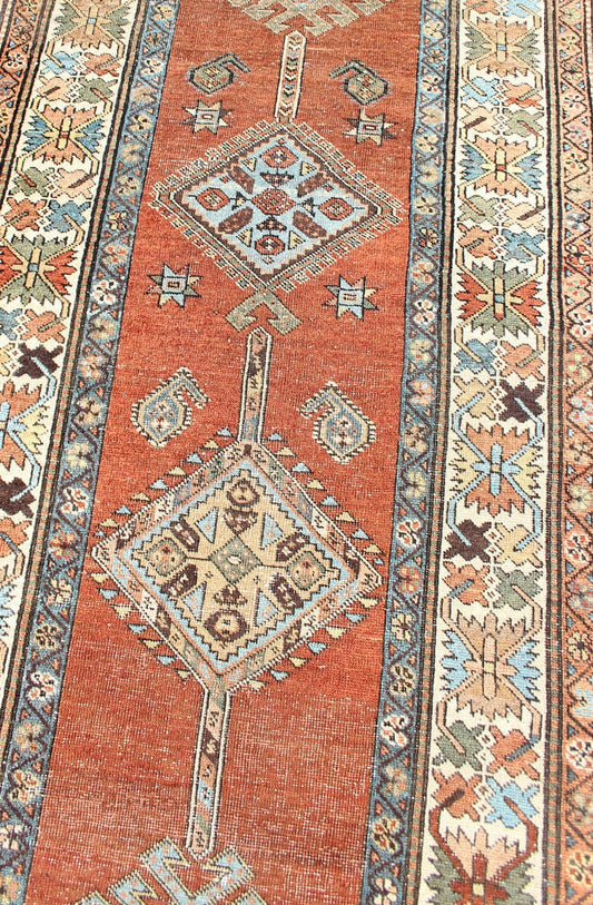 Antique Persian Searpi Runner with Geometric Medallions in Orange, Blue, Ivory Sub - Geometric Medallion design Persian serapi antique runner inivory, blue and orange , rug R20 - 0724, country of origin / type: Iran / serapi, circa 1920 This... - Keivan Woven ArtsR20 - 0724 - 13066Rug