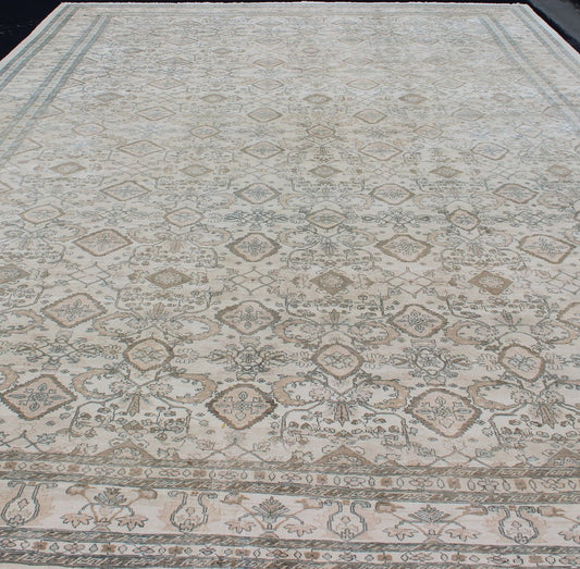 Very Large Vintage Sultanabad Rug in Ivory, Blue, Taupe, Brown, Coral Vintage Sultanabad design rug in all over geometric with ivory background in light brown, blue, brown, charcoal, coral, salmon in sub - Geometric design, rug DSP878, country o... - Keivan Woven ArtsR20 - 0726 - BC - 11190 - 12897Rug