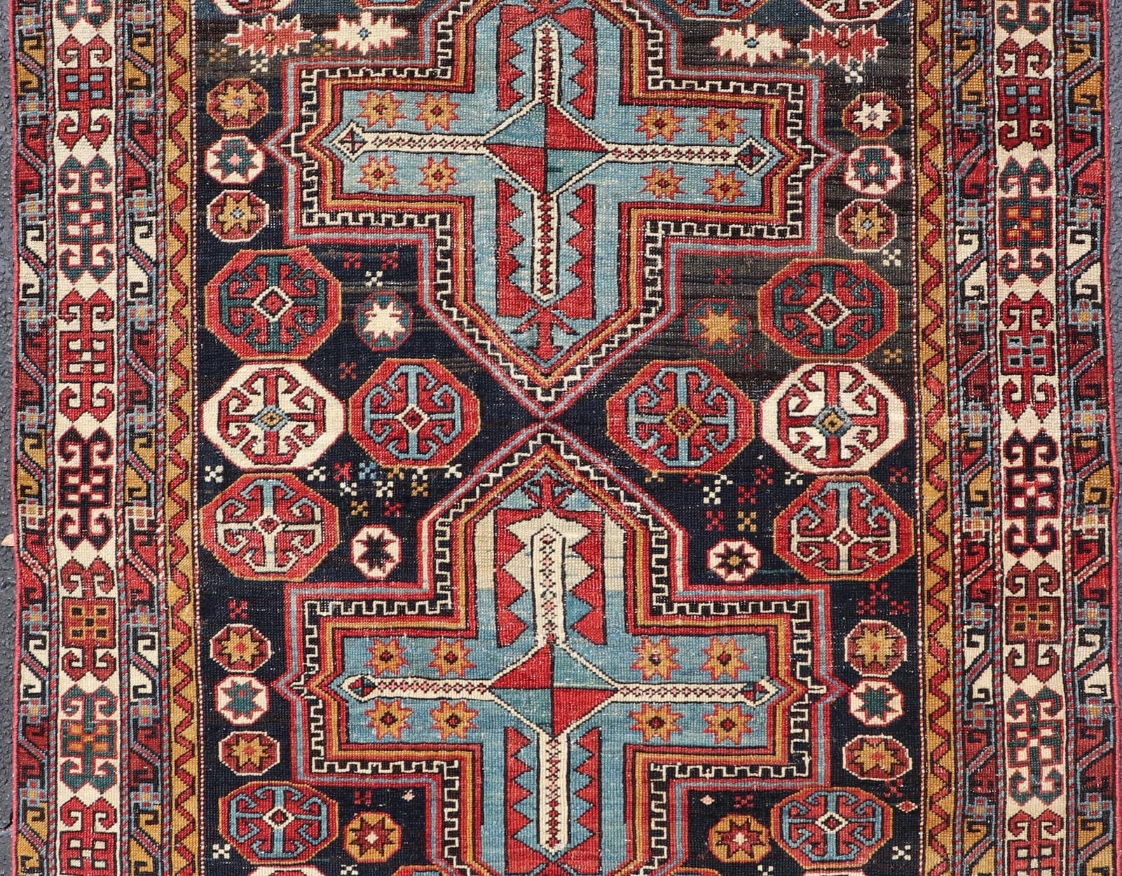 Sqaure Antique Colorful Kuba Caucasian Rug with Cross Medallions. Keivan Woven Arts. rug R20 - 0818, country of origin / type: Caucuses / Kuba, circa late - 19th Century. Measures: 3'11 x 4'8 This wonderfully colored Kuba rug from the southern Caucas... - Keivan Woven ArtsR20 - 0818 - 13258Rug