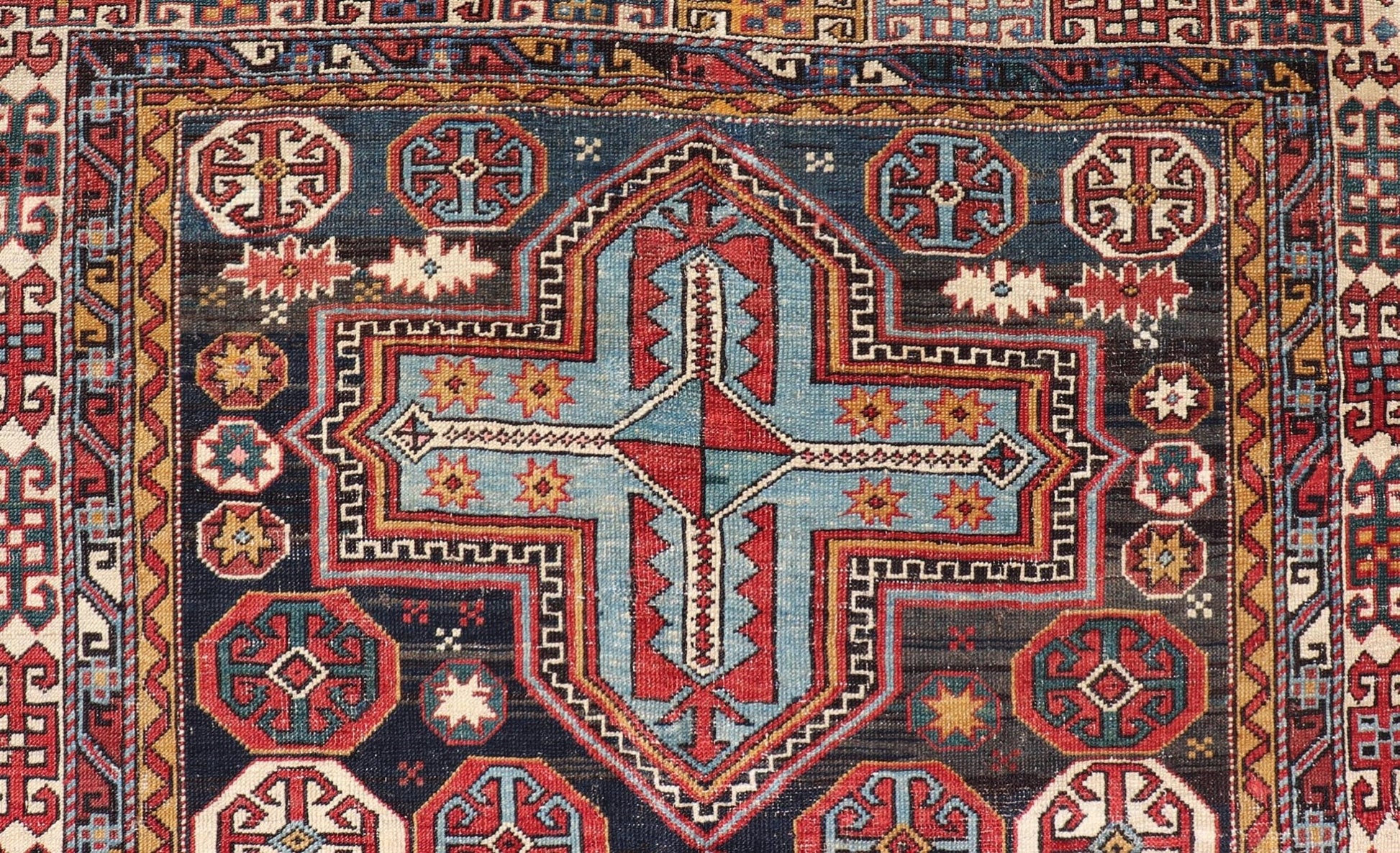 Sqaure Antique Colorful Kuba Caucasian Rug with Cross Medallions. Keivan Woven Arts. rug R20 - 0818, country of origin / type: Caucuses / Kuba, circa late - 19th Century. Measures: 3'11 x 4'8 This wonderfully colored Kuba rug from the southern Caucas... - Keivan Woven ArtsR20 - 0818 - 13258Rug