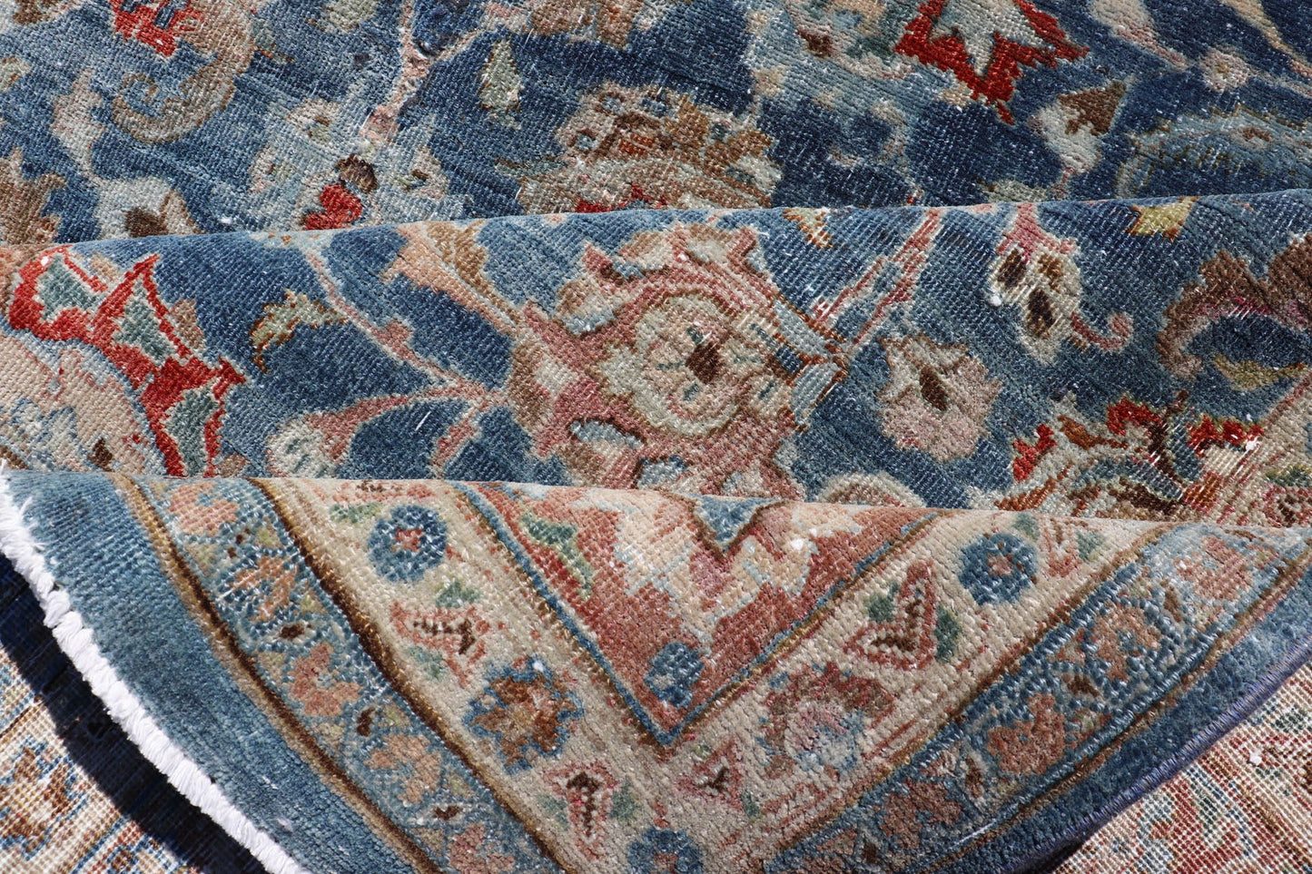 Antique Persian Mashad with Medium in Boteh Blue Background, Salmon Border Antique Persian Mashad rug with blue background and light rose border. Rug / R20 - 0824 Mashad is a major city in the north eastern Iran, located in the Khorossan Provin... - Keivan Woven ArtsR20 - 0824 - 13250