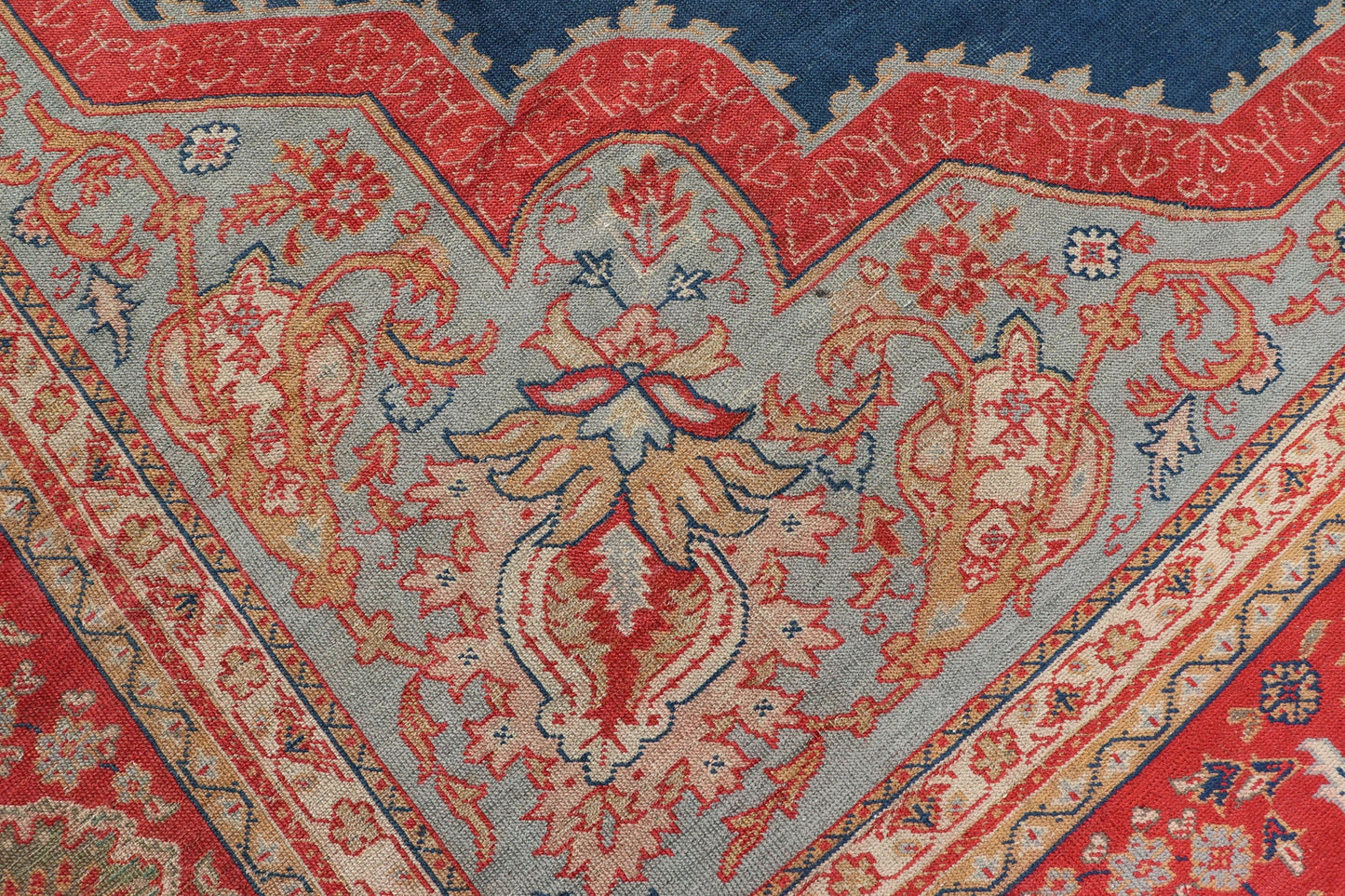 Large Antique Turkish Oushak Rug in Vibrant Blue and Red with Medallion Design Squared Shape Antique Turkish Oushak rug in vibrant blue, red, medallion geometric design, kwarugs Keivan Woven Arts / R20 - 0834. Colorful Oushak in vibrant colors. ... - Keivan Woven ArtsR20 - 0834 - 13374Rug