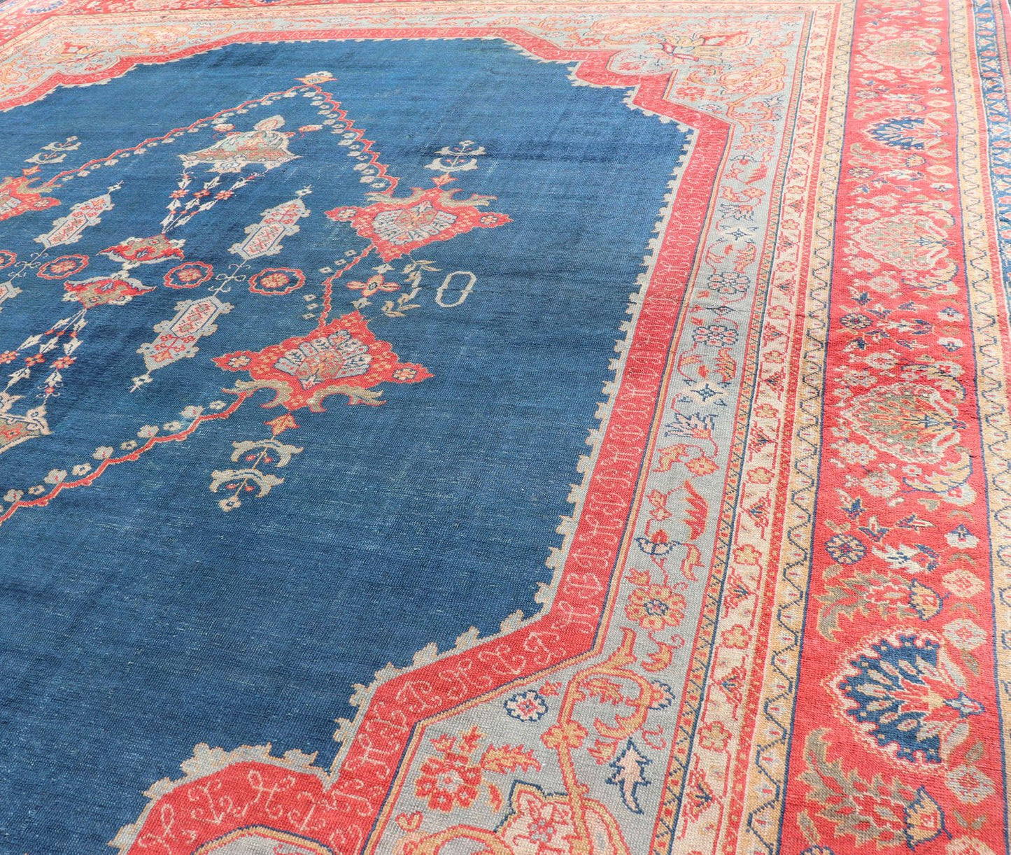 Large Antique Turkish Oushak Rug in Vibrant Blue and Red with Medallion Design Squared Shape Antique Turkish Oushak rug in vibrant blue, red, medallion geometric design, kwarugs Keivan Woven Arts / R20 - 0834. Colorful Oushak in vibrant colors. ... - Keivan Woven ArtsR20 - 0834 - 13374Rug