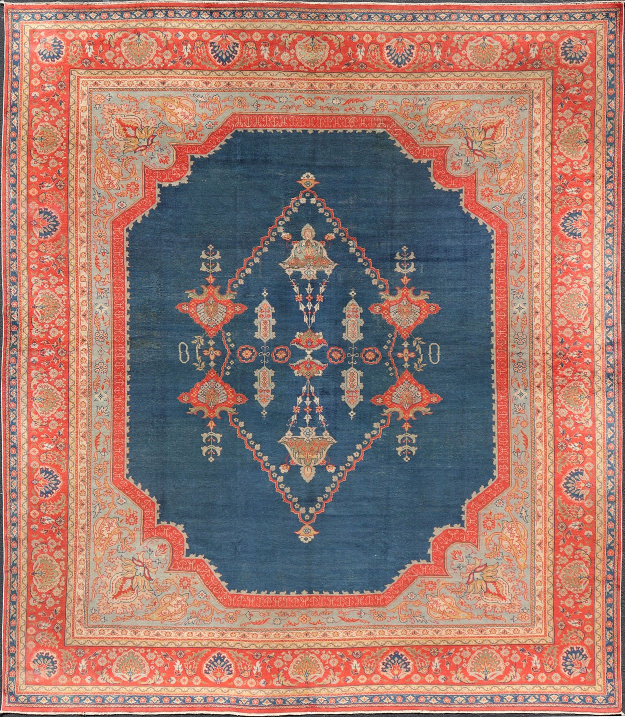 Large Antique Turkish Oushak Rug in Vibrant Blue and Red with Medallion Design Squared Shape Antique Turkish Oushak rug in vibrant blue, red, medallion geometric design, kwarugs Keivan Woven Arts / R20 - 0834. Colorful Oushak in vibrant colors. ... - Keivan Woven ArtsR20 - 0834 - 13374Rug