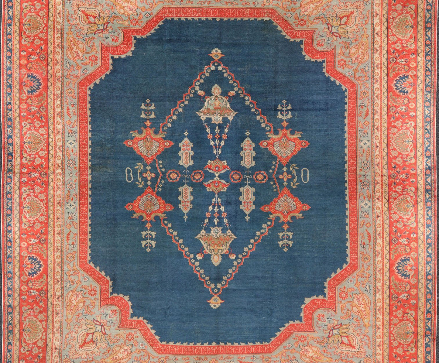 Large Antique Turkish Oushak Rug in Vibrant Blue and Red with Medallion Design Squared Shape Antique Turkish Oushak rug in vibrant blue, red, medallion geometric design, kwarugs Keivan Woven Arts / R20 - 0834. Colorful Oushak in vibrant colors. ... - Keivan Woven ArtsR20 - 0834 - 13374Rug
