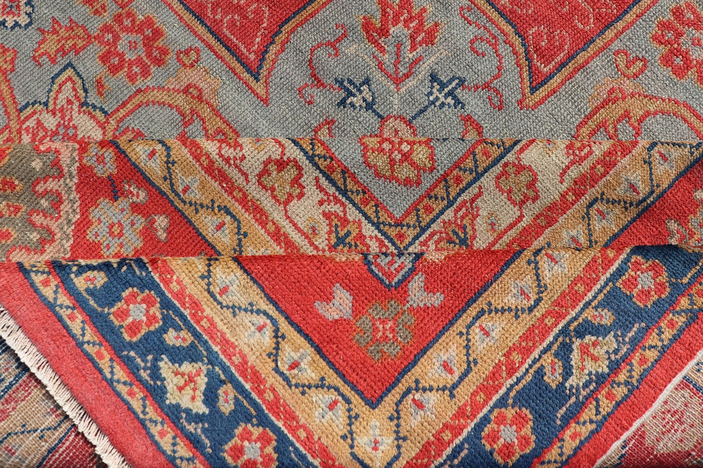 Large Antique Turkish Oushak Rug in Vibrant Blue and Red with Medallion Design Squared Shape Antique Turkish Oushak rug in vibrant blue, red, medallion geometric design, kwarugs Keivan Woven Arts / R20 - 0834. Colorful Oushak in vibrant colors. ... - Keivan Woven ArtsR20 - 0834 - 13374Rug